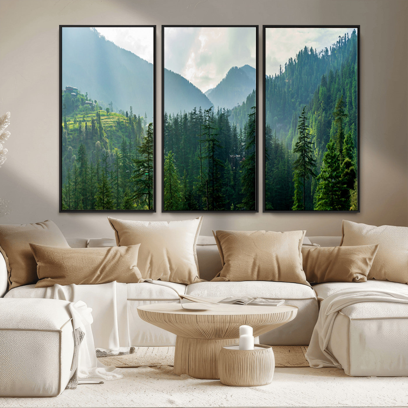 83417191-MGV-CV-36X24-Misty Forest Mountain Wall Art Canvas Print – Framed Serene Nature Scene with Tranquil Valley Artwork for Home, Office