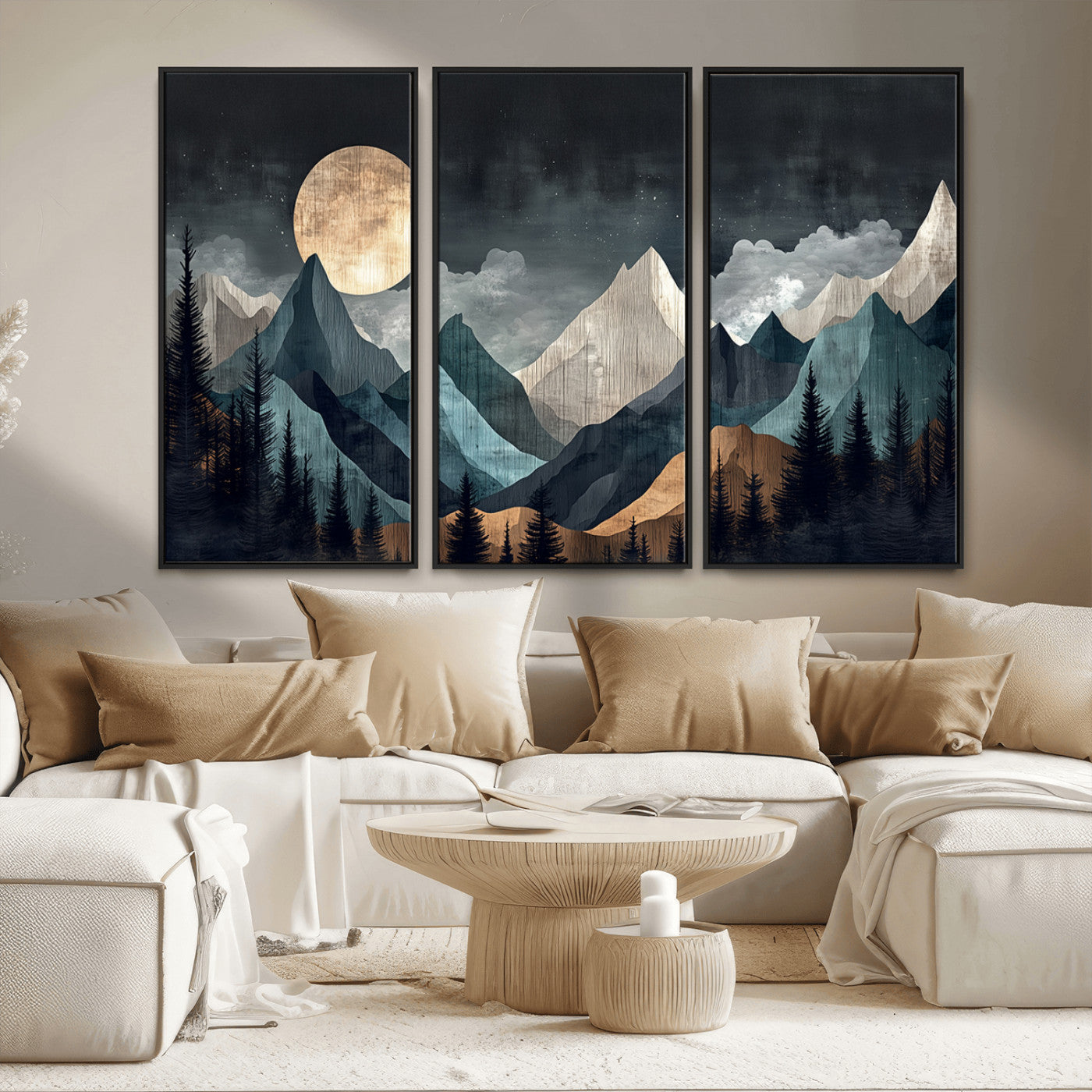 11060882-MGV-FC-48X32-3P_Black-Moonlit Mountain Wall Art Canvas Print – Silhouetted Pines Layered Peaks Tranquil Sky Mist Silver Light Nature Artwork for Home