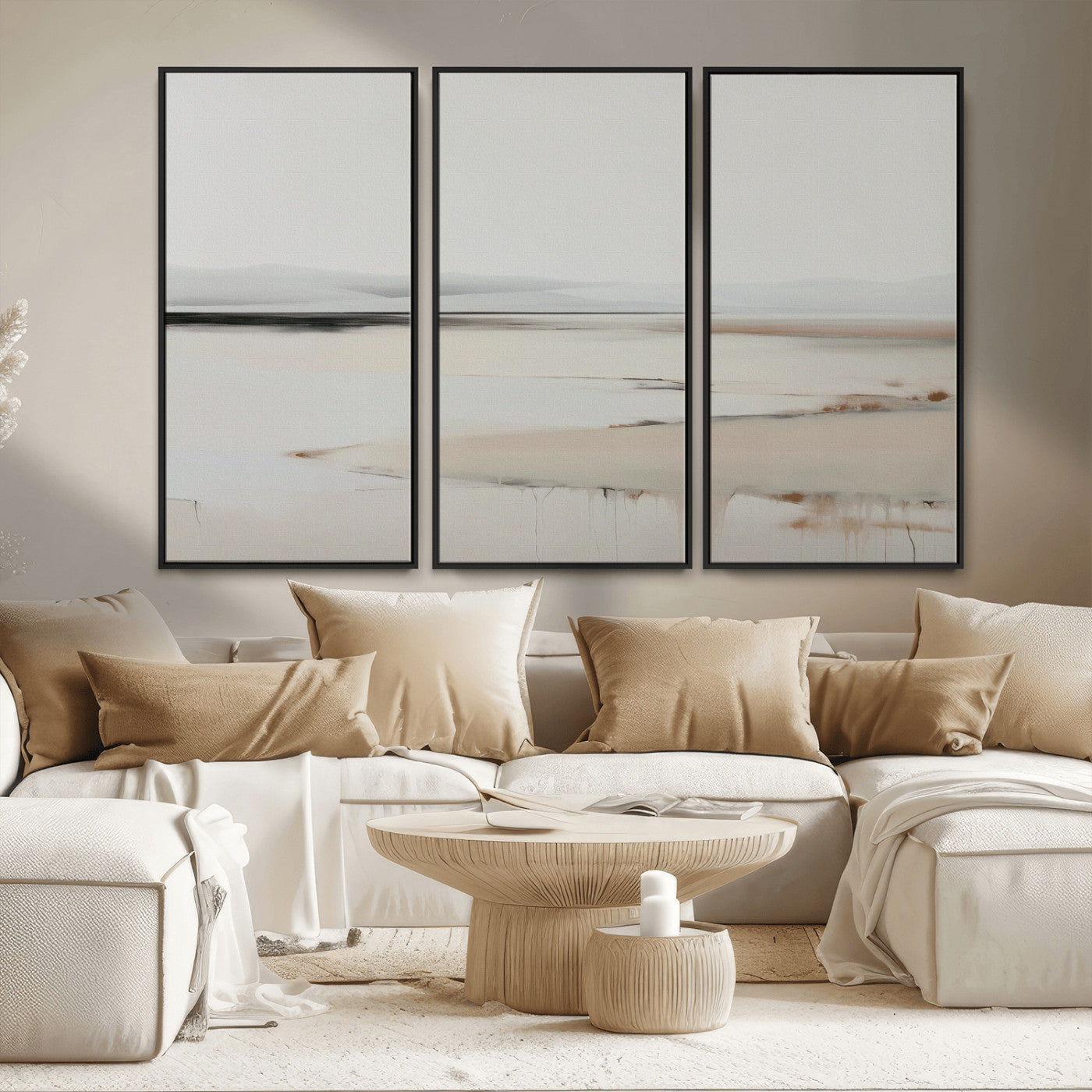 89410095-MGV-FC-48X32-3P_Black-Minimalist Landscape Wall Art Canvas Print – Framed Soft Horizon Abstract Seascape Earthy Tones Artwork for Home Office