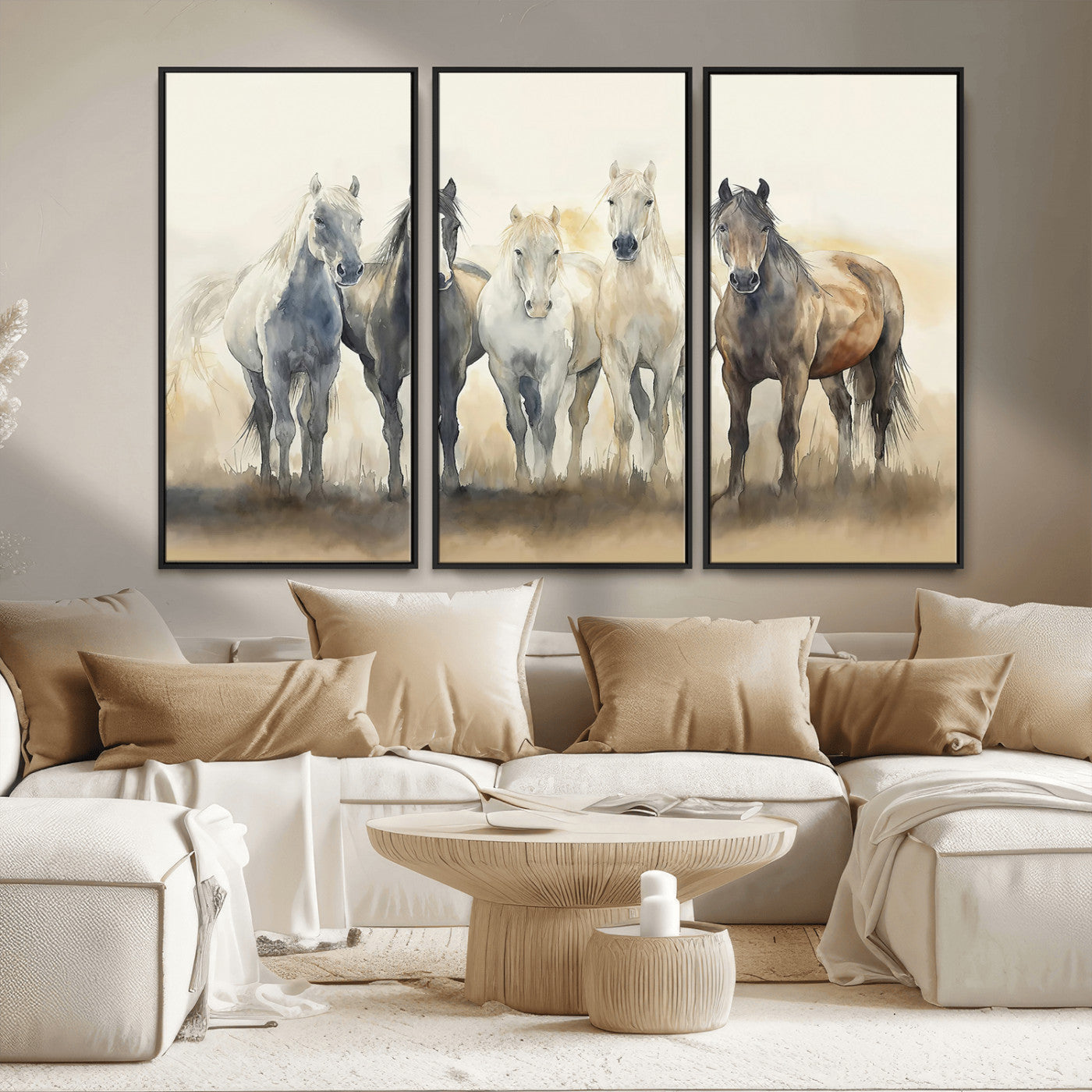 MGV-FC-48X32-3P - Wild Horses Wall Art Canvas Print, Framed Running Horses Art Picture Print, Watercolor Horses Perfect Rustic Western Decor Artwork