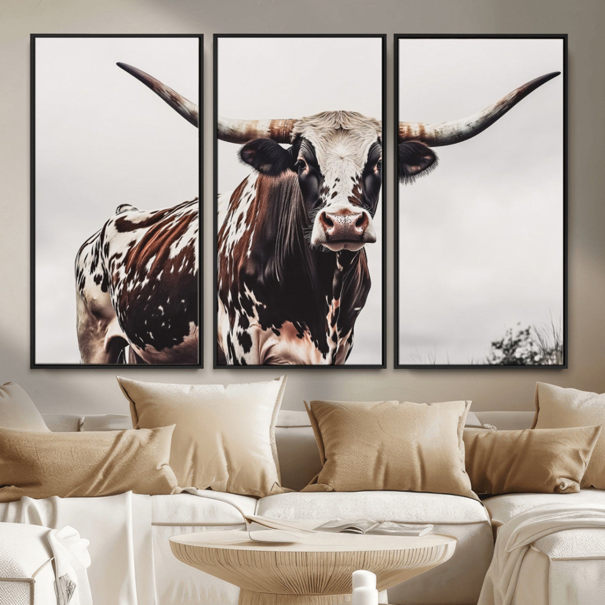 Close-up of a Texas Longhorn bull with powerful horns, perfect for rustic farmhouse or country-themed home decor. Ideal for animal lovers.