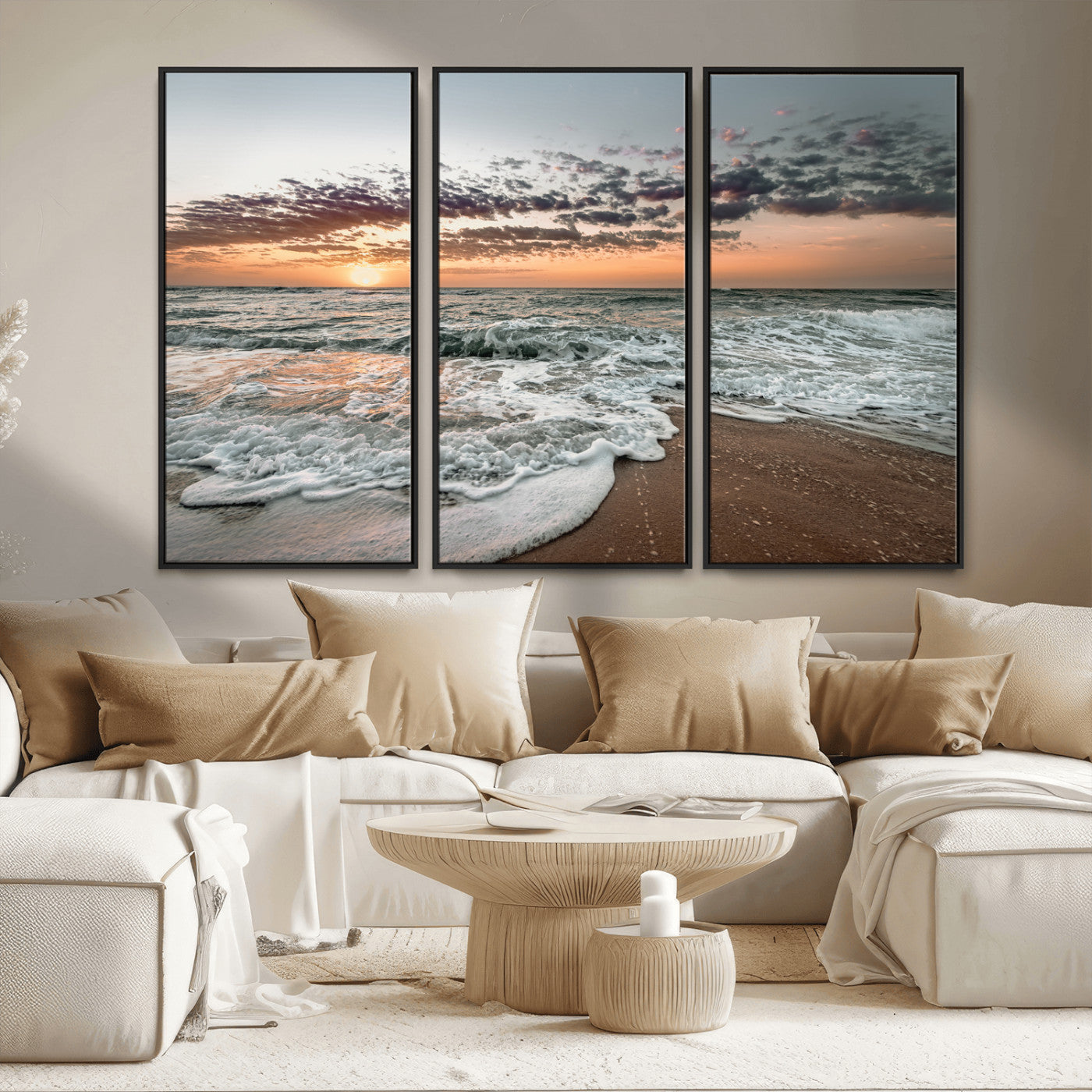 40632752-MGV-FC-48X32-3P_Black-Ocean Sunset Wall Art Canvas Print – Framed Beach Waves Scene with Coastal Artwork for Home, Office, Living Room