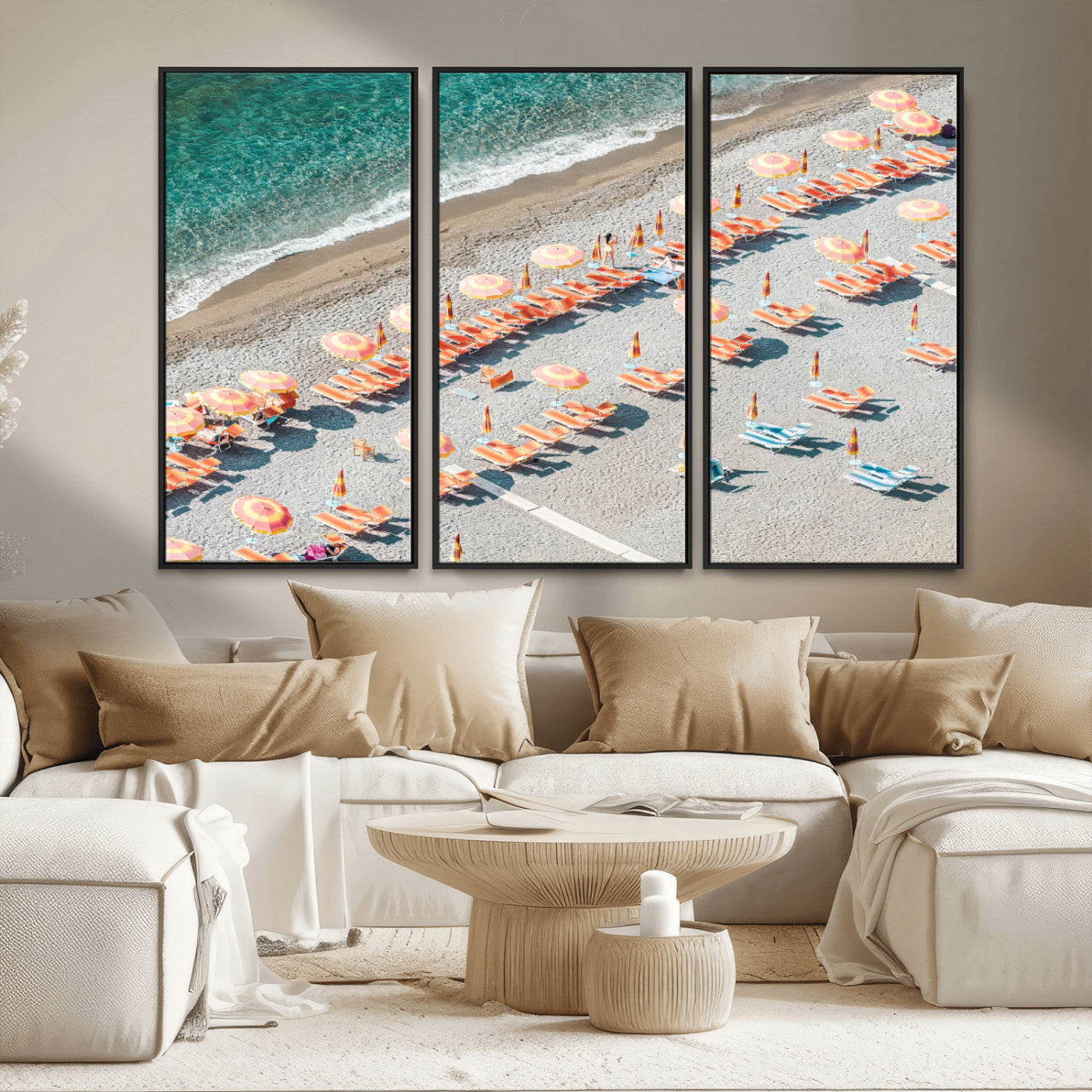 27805351-MGV-CV-36X24 - Beach Umbrellas Wall Art – Orange Loungers & Turquoise Water Canvas Print, Sandy Shore and Summer Vibes