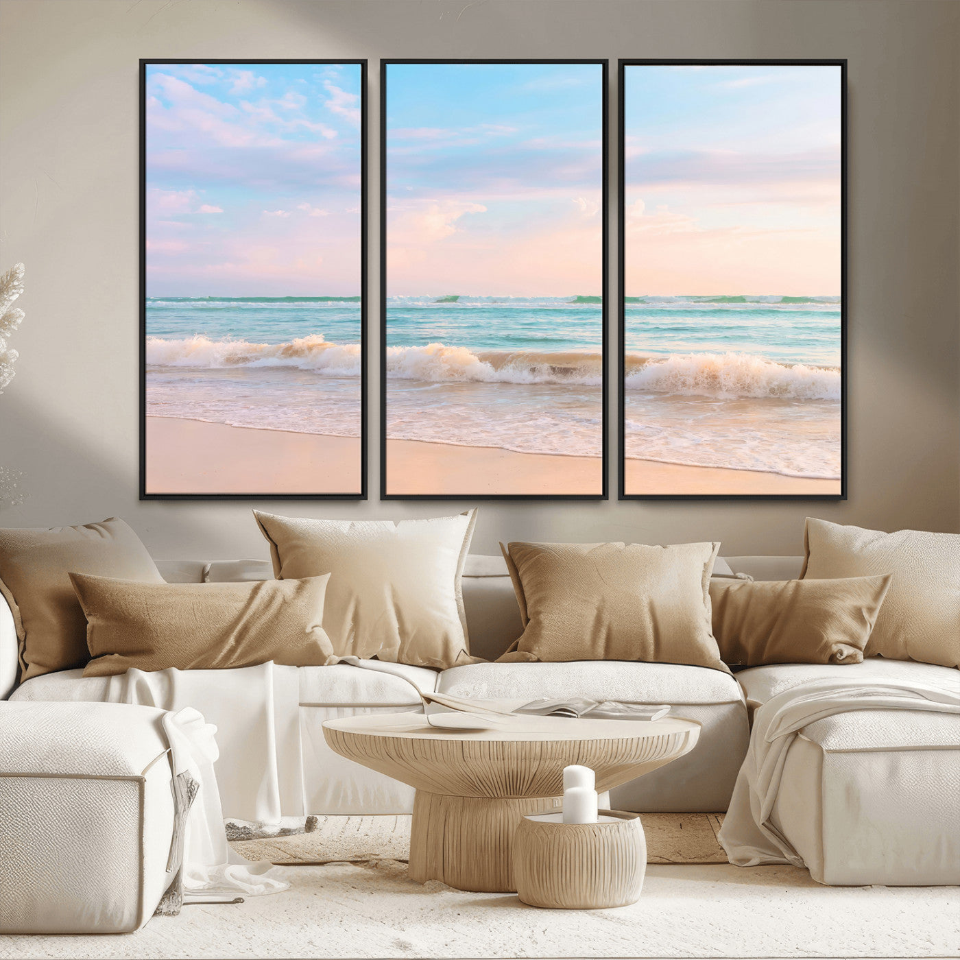 74679437-MGV-CV-36X24 - Serene Waves Wall Art – Golden Shore & Soft Pastel Sky Canvas Print, Gentle Ocean and Peaceful Sunset for Living Room or Office
