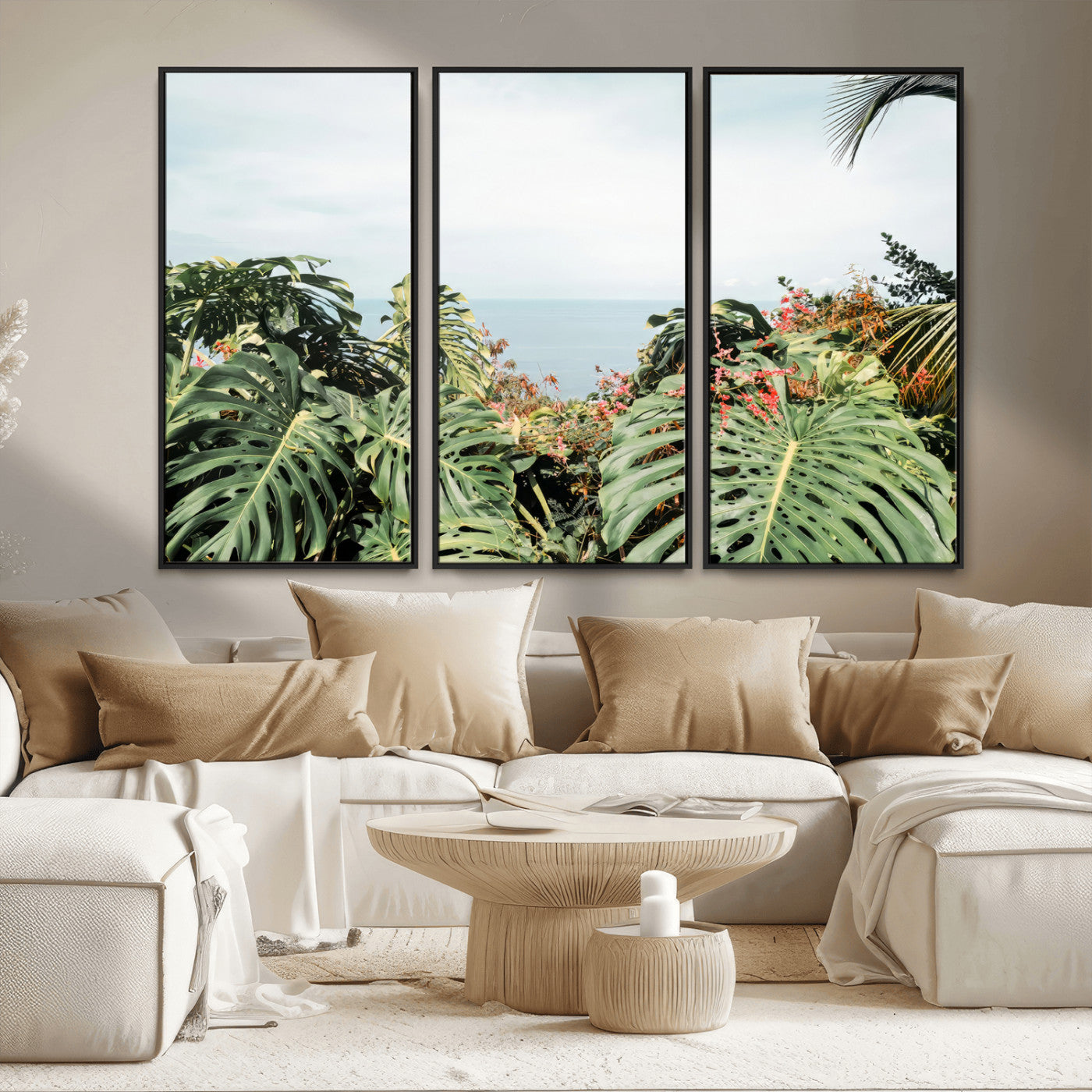 45700479-MGV-CV-36X24 - Tropical Greenery Wall Art – Exotic Leaves & Ocean View Canvas Print, Sunlit Paradise and Vibrant Nature for Living Room or Coastal Decor