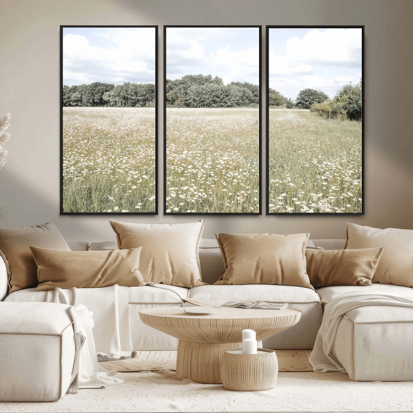 43258946-MGV-FC-48X32-3P_Black-Charming Daisy Field Wall Art Canvas Print – Framed Pastel Flower Meadow Bloom Scandinavian Minimal Artwork for Home Office