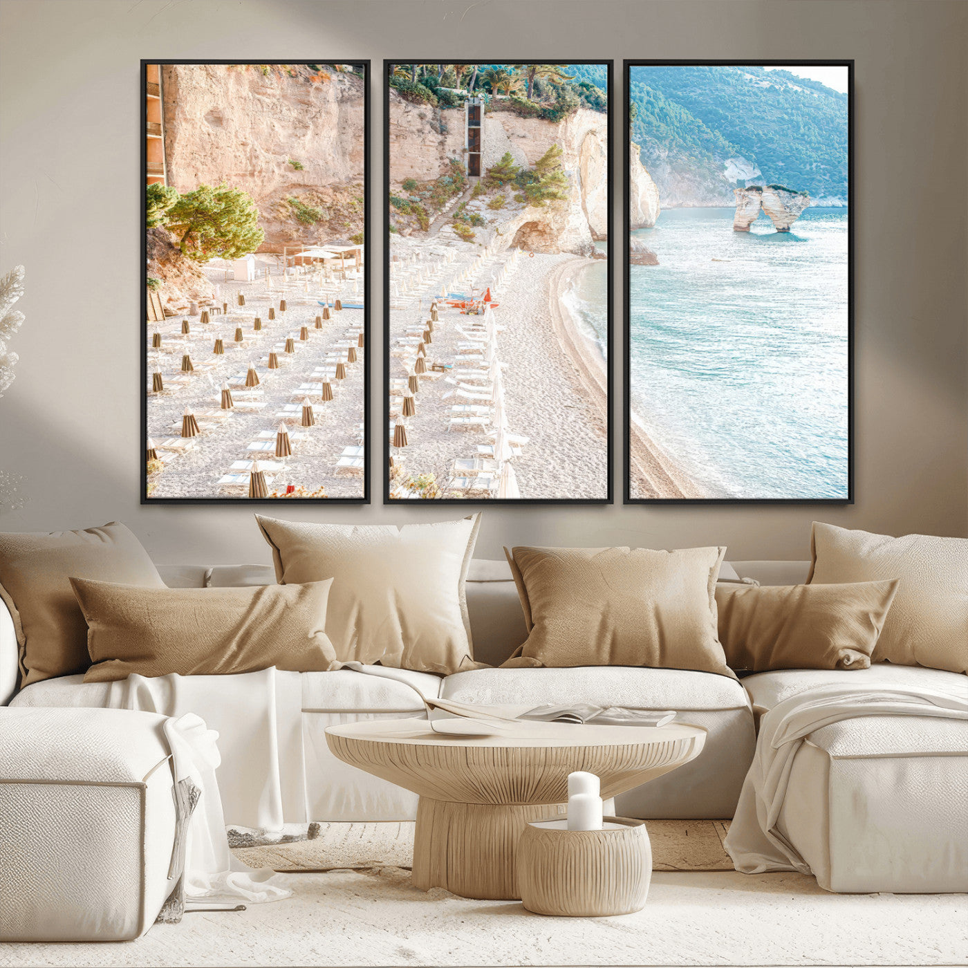 84816639-MGV-CV-36X24 - Sunny Beach Wall Art – Chairs & Umbrellas Canvas Print, Clear Water, Rocky Cliffs, Coastal Calm for Living Room or Vacation Home Decor