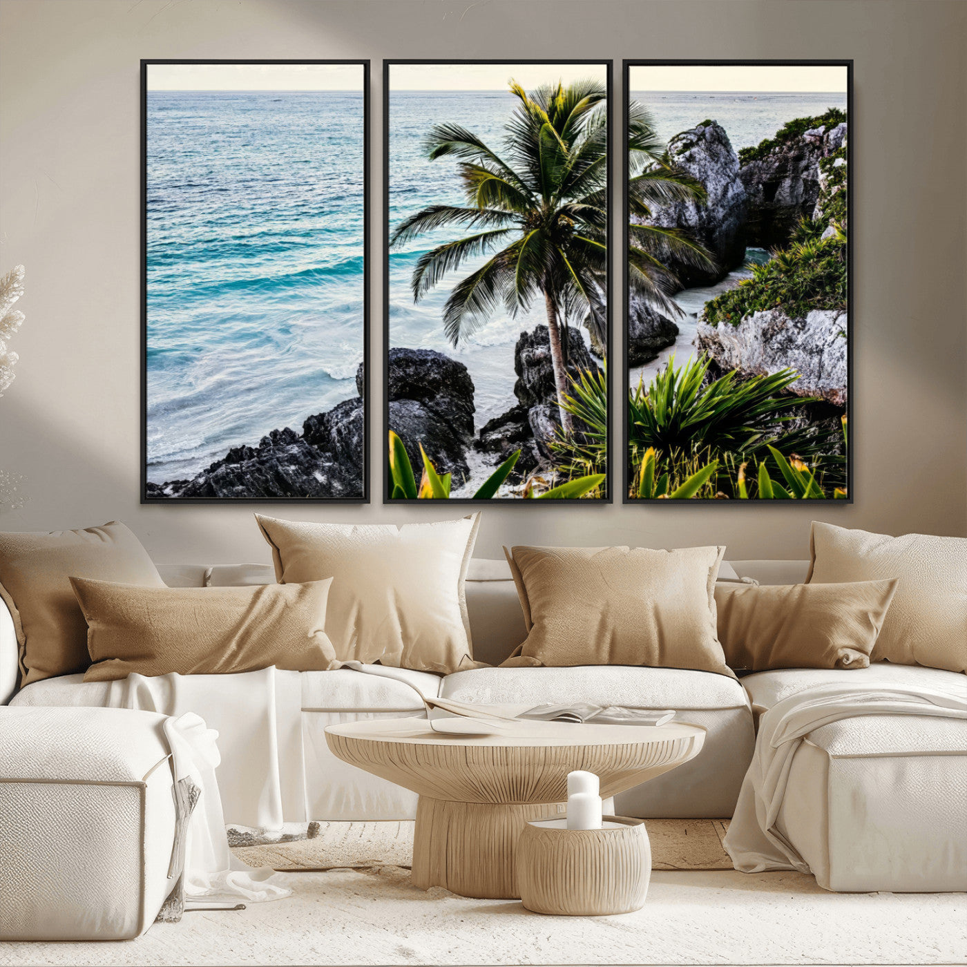 94669907-MGV-CV-36X24 - Tropical Palm Wall Art – Coastal Rocks Canvas Print, Ocean Breeze, Sandy Shore, Vibrant Green Foliage for Living Room or Beach House Decor