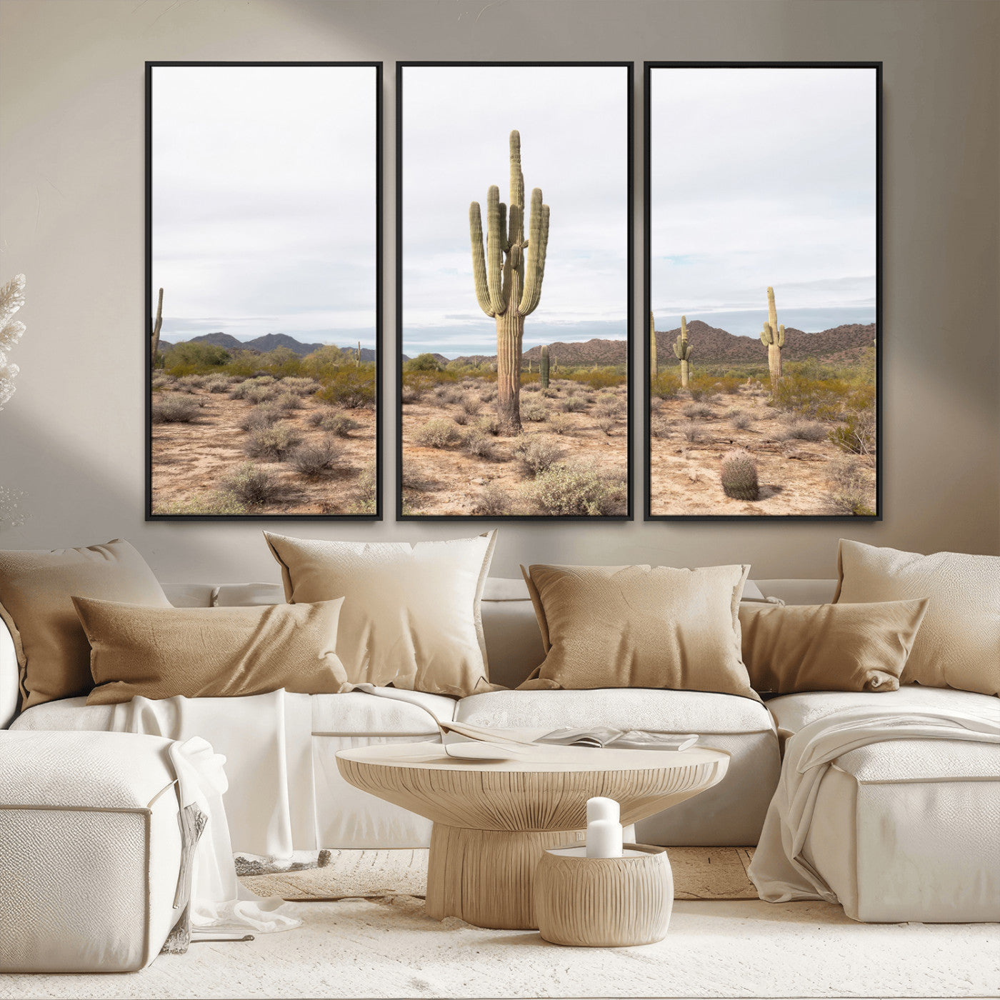 MGV-FC-48X32-3P - Saguaro Cactus Wall Art Canvas Print, Framed Desert Cactus Art Picture Print, Earthy Desert Perfect Southwestern Boho Decor Artwork