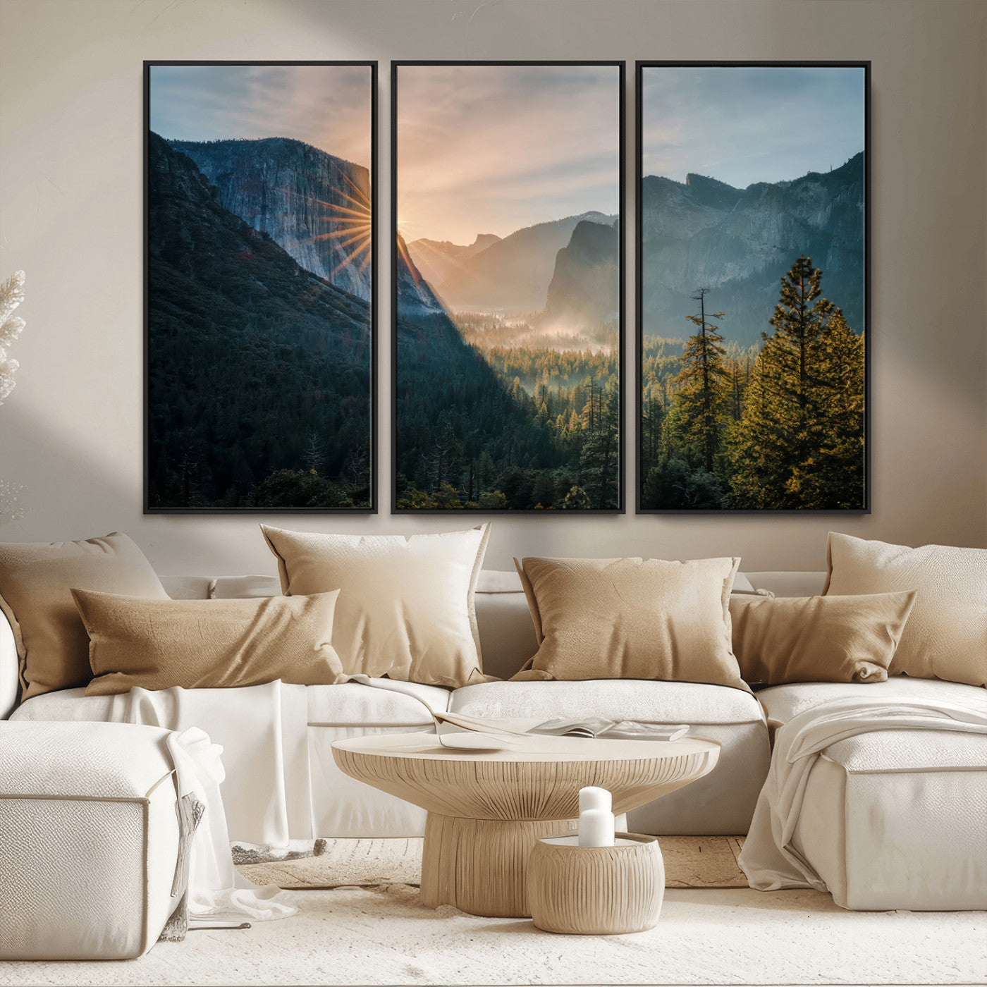 51605481-MGV-CV-36X24 - Yosemite Valley Wall Art – Misty Forest Peaks Canvas Print, Radiant Light, Tranquil Nature Landscape for Living Room or Cabin Decor