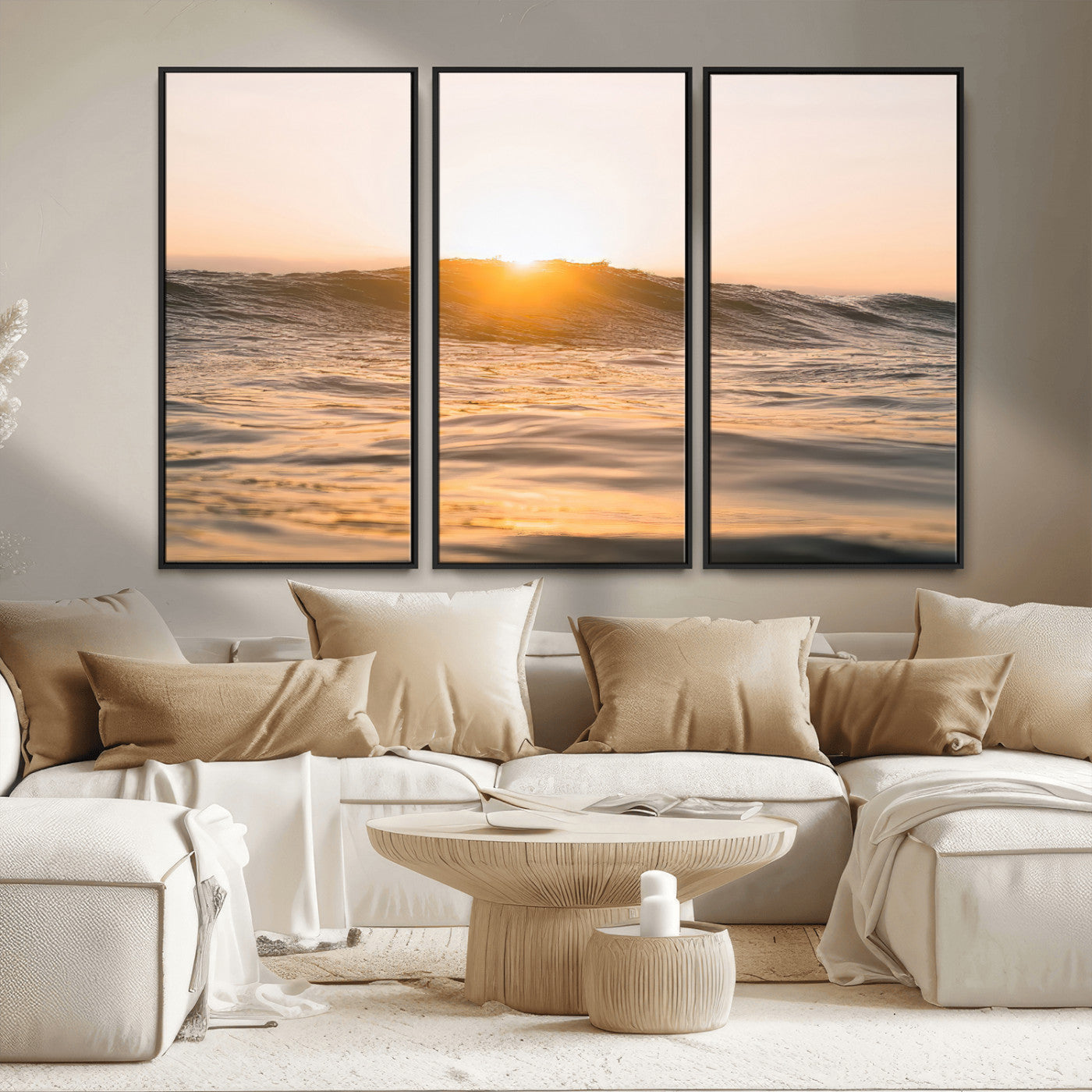 16973771-MGV-FC-48X32-3P_Black-Calm Water Wall Art – Framed Sunset Waves Canvas Artwork, Coastal Warm Design, Minimal Ocean Decor for Home, Office