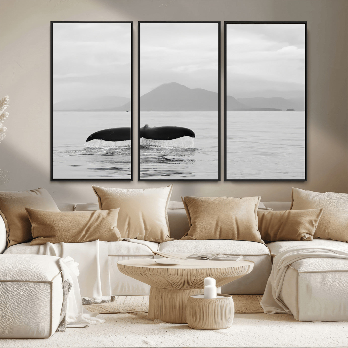 MGV-FC-48X32-3P - Whale Tail Wall Art Canvas Print, Framed Black White Ocean Art Picture Print, Calm Marine Perfect Minimalist Coastal Decor Artwork