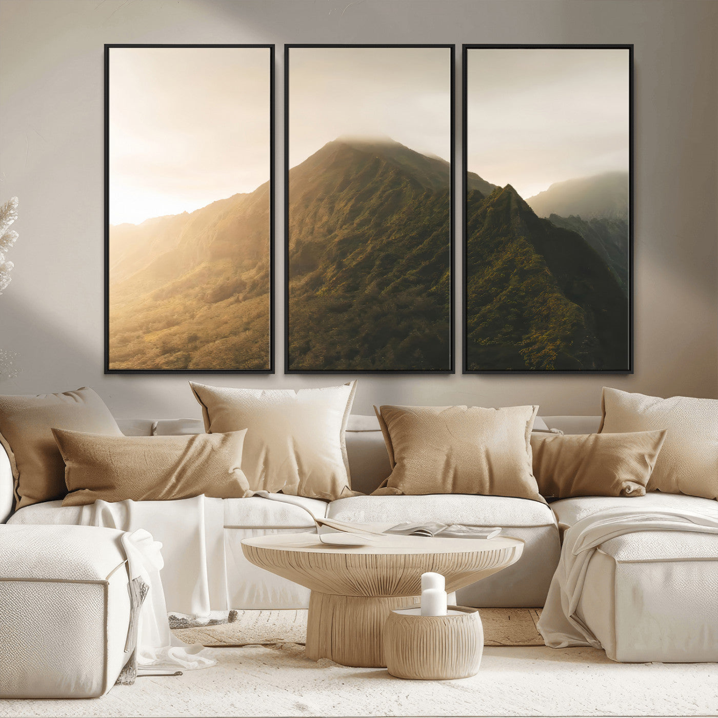 42338636-MGV-FC-48X32-3P_Black-Mountain Wall Art – Framed Sunset Landscape Canvas Artwork, Serene Nature Design, Rustic Decor for Home, Office