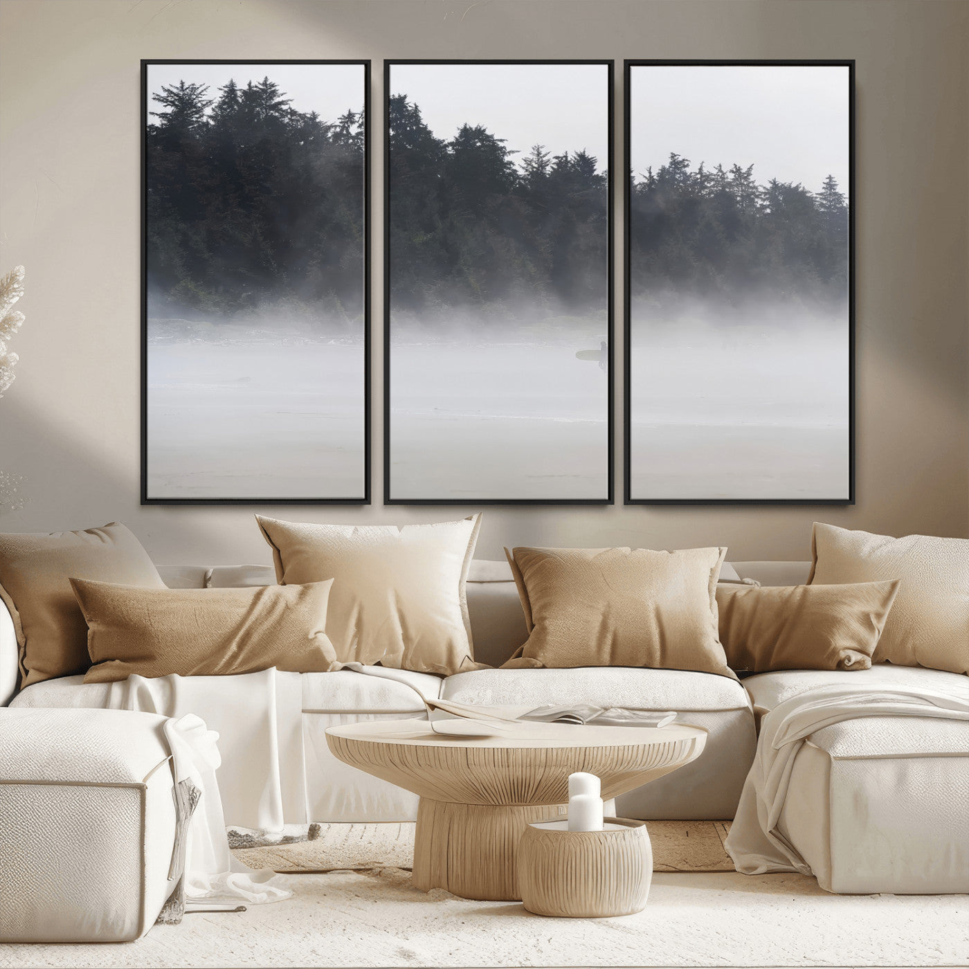 59703275-MGV-CV-36X24-Surfer Fog Wall Art Canvas Print – Framed Foggy Beach Scene with Coastal Surf Artwork for Home, Office, Living Room