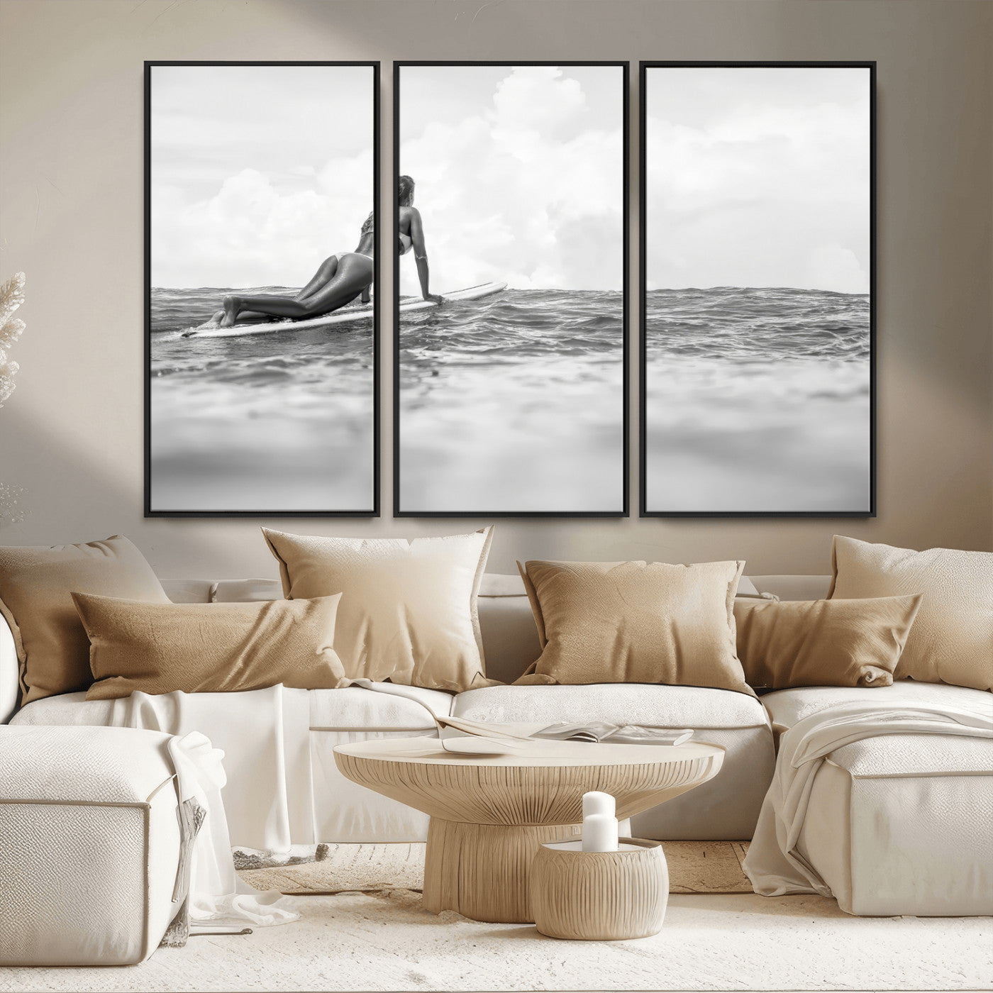 69798068-MGV-FC-48X32-3P_Black-Black and White Surfing Wall Art Canvas Print – Framed Ocean Horizon with Surfer Girl Coastal Adventure Artwork for Home, Office