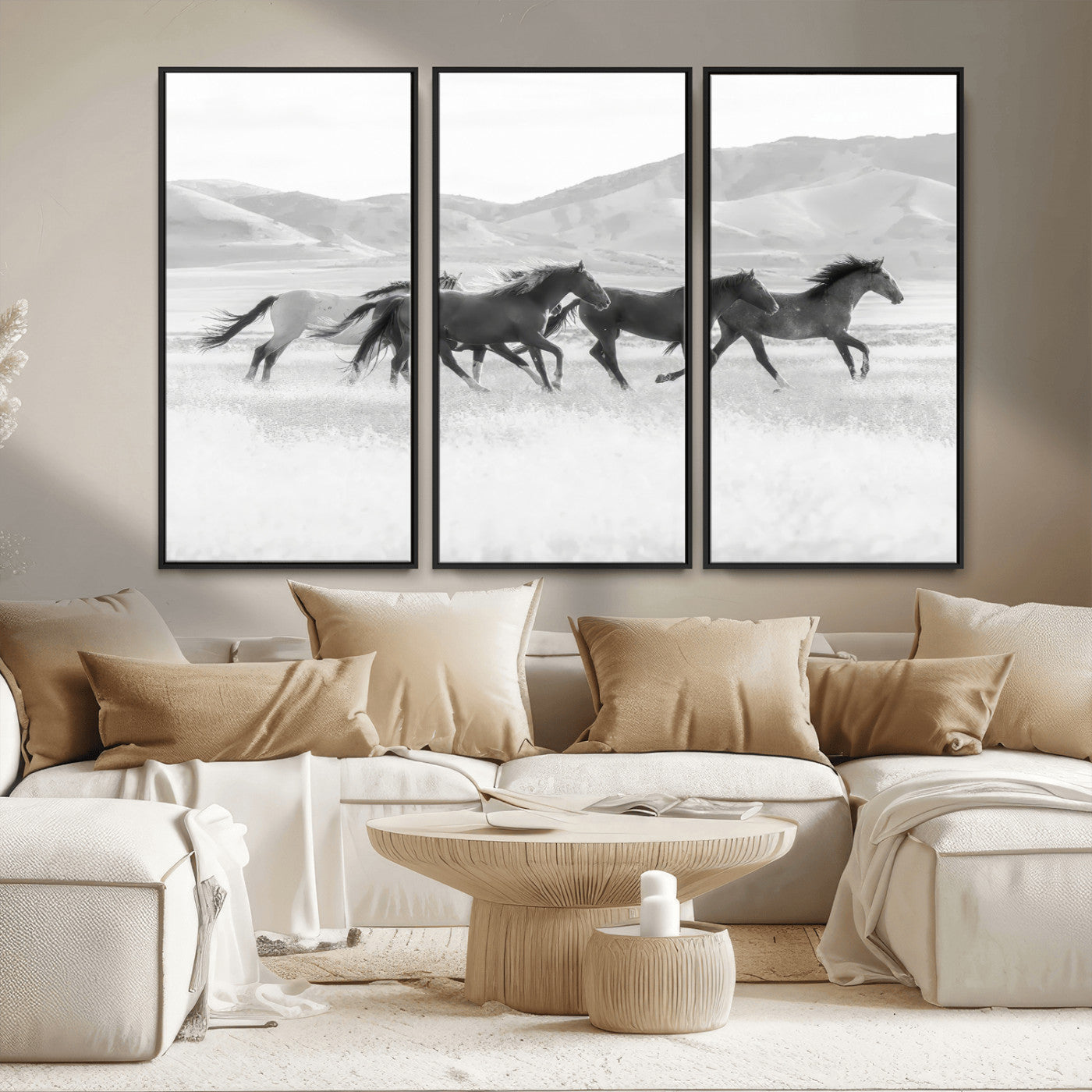 MGV-FC-48X32-3P - Wild Horses Wall Art – Black & White Canvas Print of Herd Running, Nature in Motion, Freedom & Beauty Decor for Guest Room, Office or Living Room