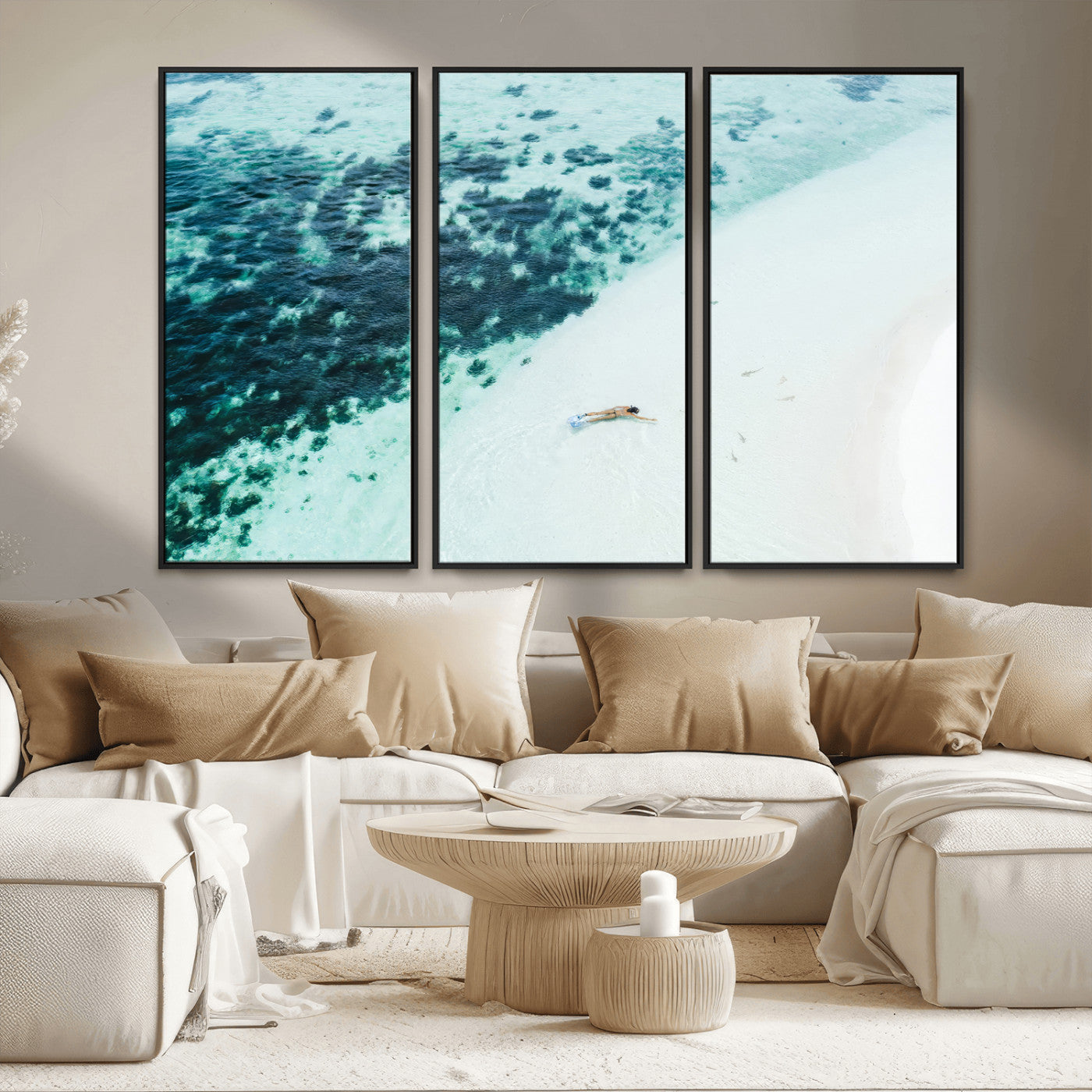 33764764-MGV-FC-48X32-3P_Black-Minimal Beach Wall Art – Framed Ocean Swimming Canvas Artwork, Clear Blue Sea Design, Modern Coastal Decor for Home, Office