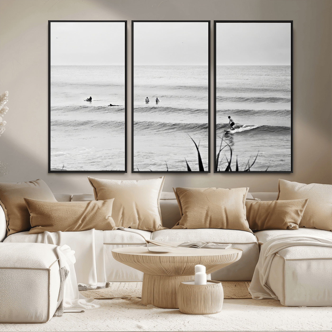 33821421-MGV-FC-48X32-3P_Black-Surfer Silhouette Wall Art – Framed Calm Ocean Canvas Artwork, Monochrome Minimal Design, Modern Coastal Decor for Home, Office