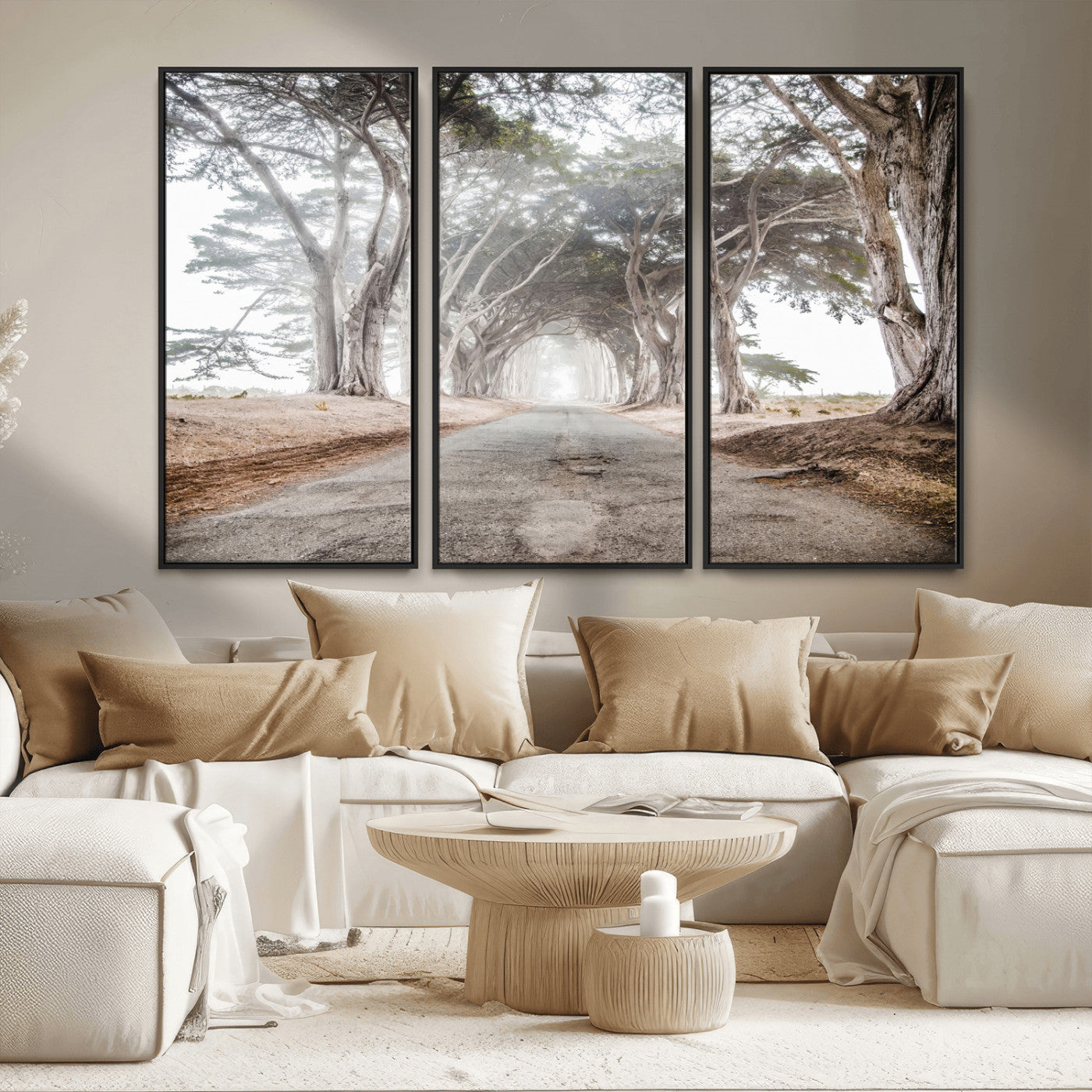 87090469-MGV-CV-36X24-Cypress Tunnel Wall Art – Framed Misty Road Canvas Artwork, Foggy Trees Design, Rustic Woodland Nature Decor for Home, Office