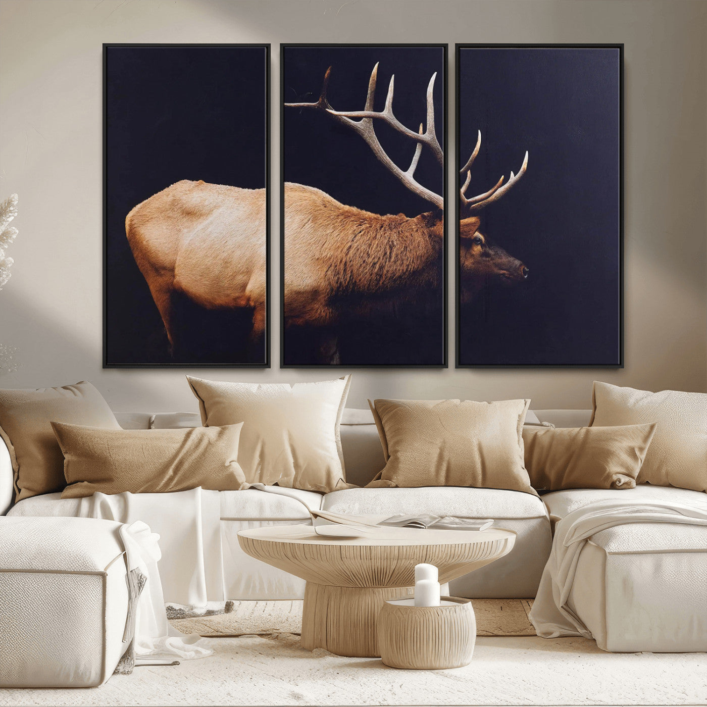 89239257-MGV-FC-48X32-3P - Rustic Elk Wall Art Canvas Print – Framed Moody Wildlife Art Picture Western Animal Artwork for Home, Office