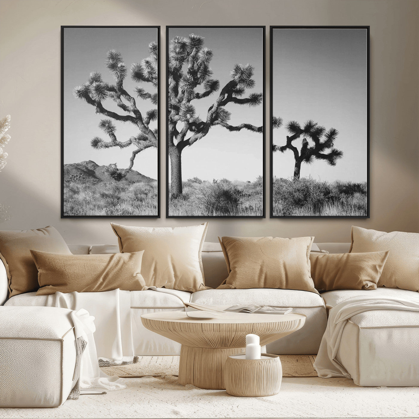93692513-MGV-FC-48X32-3P_Black-Joshua Tree Wall Art Canvas Print – Framed Monochrome Desert Minimalist Nature Scene Southwestern Artwork for Home Office