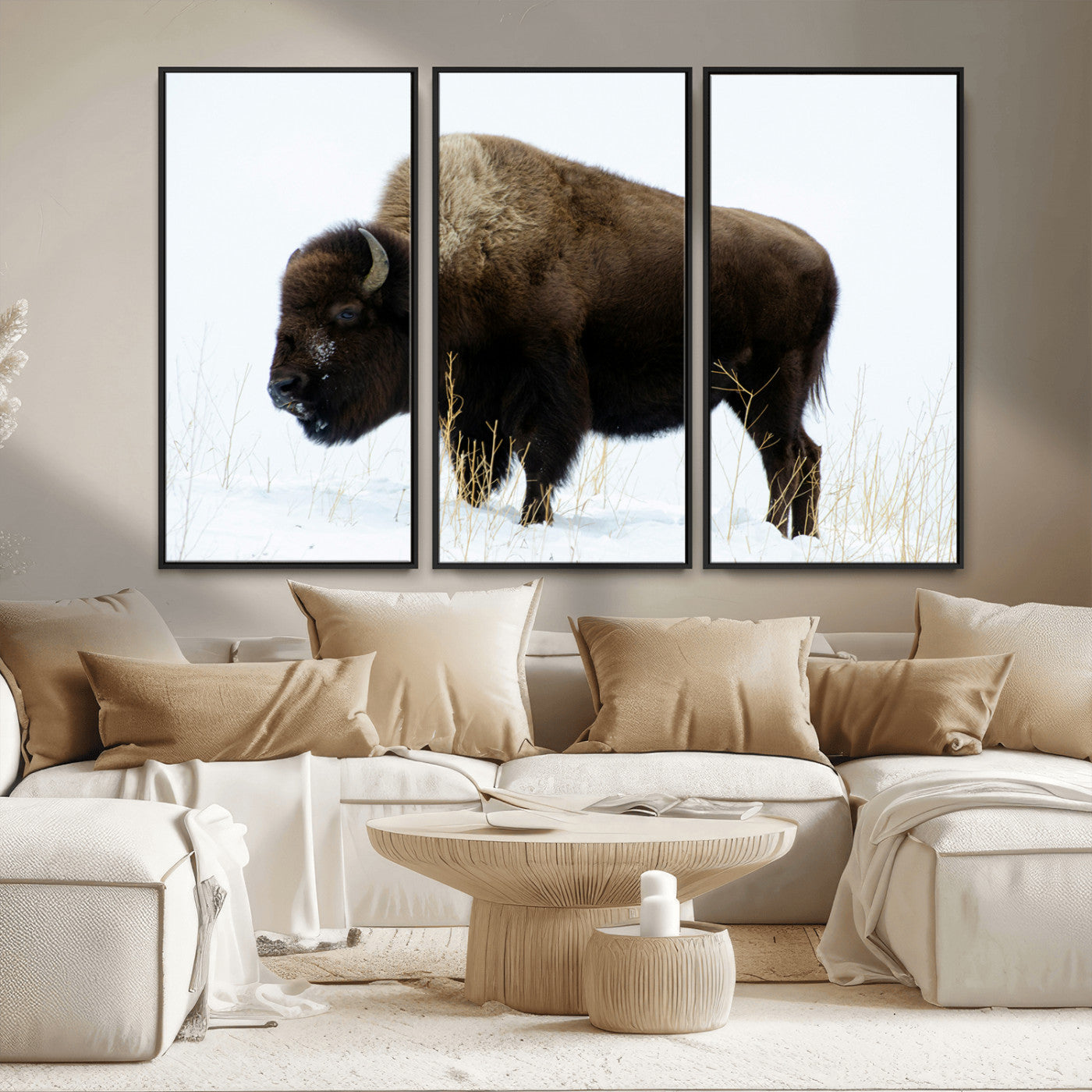 76778120-MGV-CV-36X24-Bison Wall Art Canvas Print – Framed Western Wildlife Buffalo Snow Rustic Nature Scene Artwork for Home Office