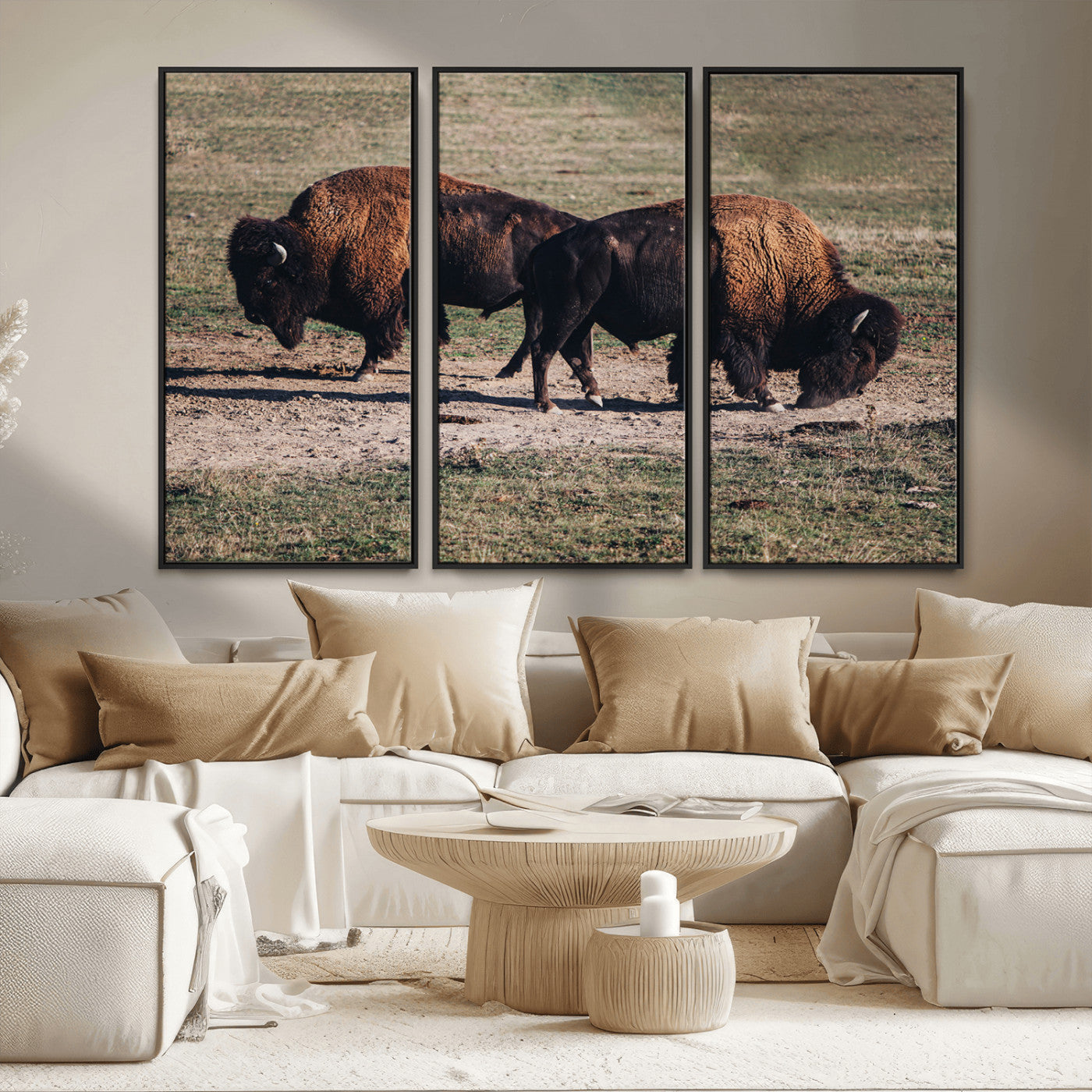 58141885-MGV-FC-48X32-3P_Black-Bison Wall Art Canvas Print – Framed Western Wildlife Modern Ranch Rustic Nature Scene Artwork for Home Office