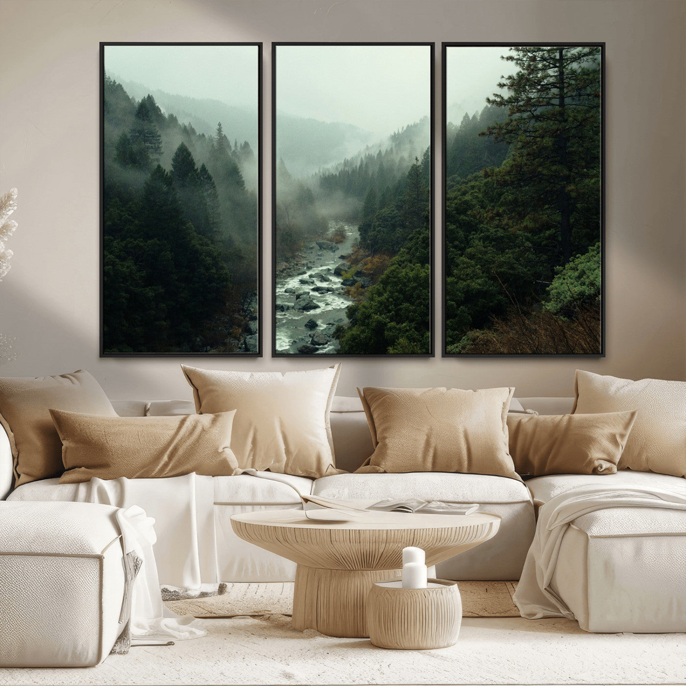 48497565-MGV-CV-36X24-Misty Forest Wall Art Canvas Print – Framed Foggy River Moody Landscape Wilderness Nature Scene Artwork for Home Office