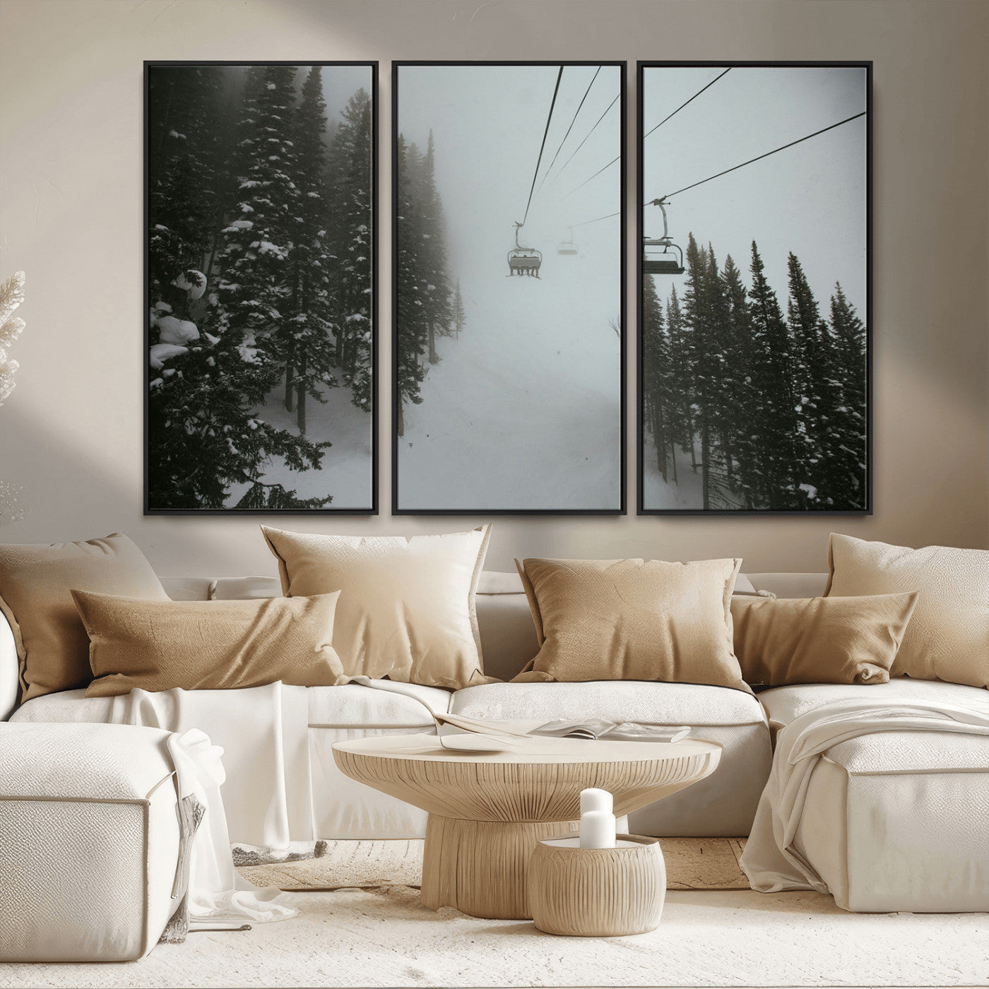 87018452-MGV-FC-48X32-3P_Black-Ski Lift Wall Art Canvas Print – Snowy Pines Misty Landscape Winter Serenity Artwork for Home, Office Decor