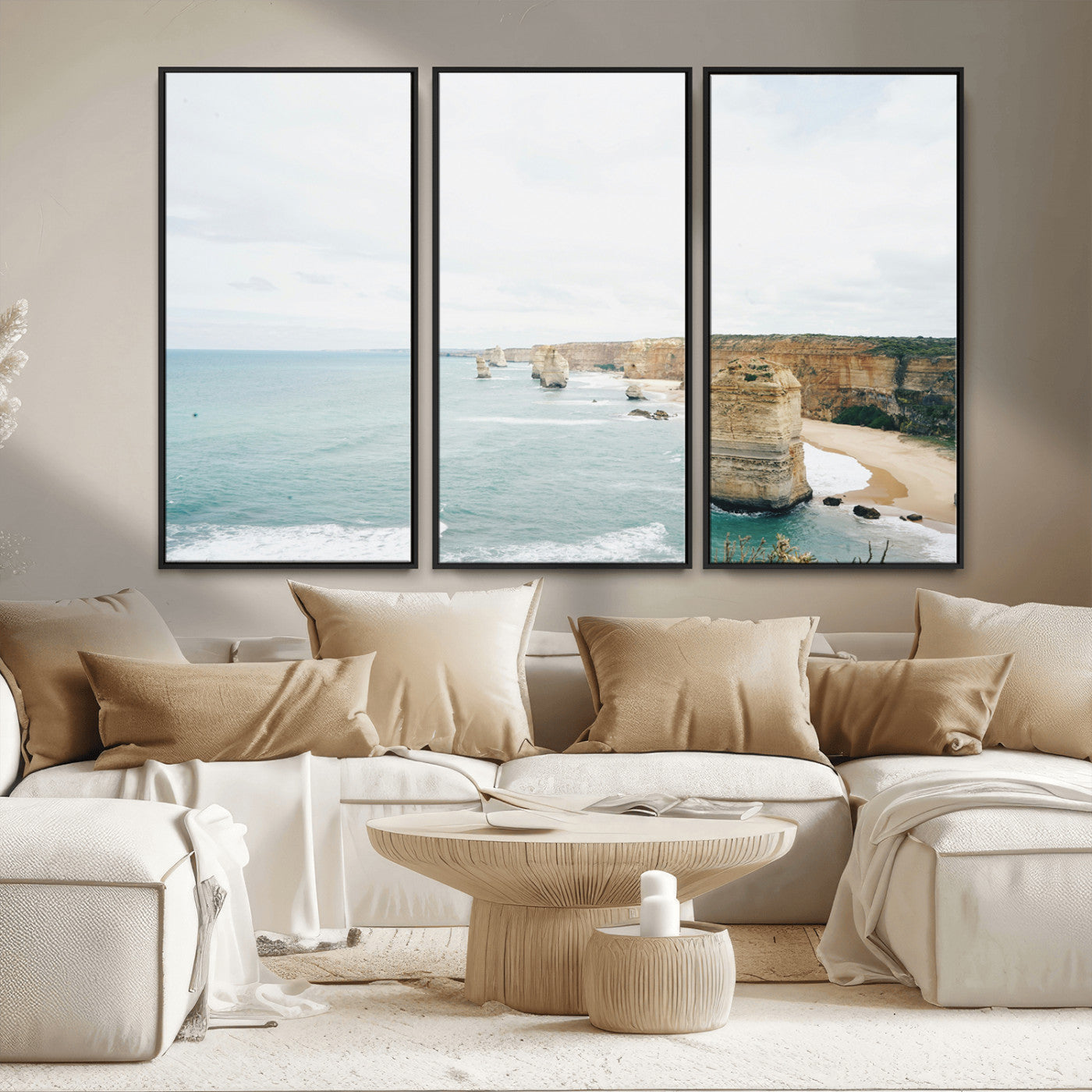 70095633-MGV-FC-48X32-3P_Black-Twelve Apostles Wall Art Canvas Print – Framed Coastal Cliffs Rugged Rock Formations Artwork for Home Office