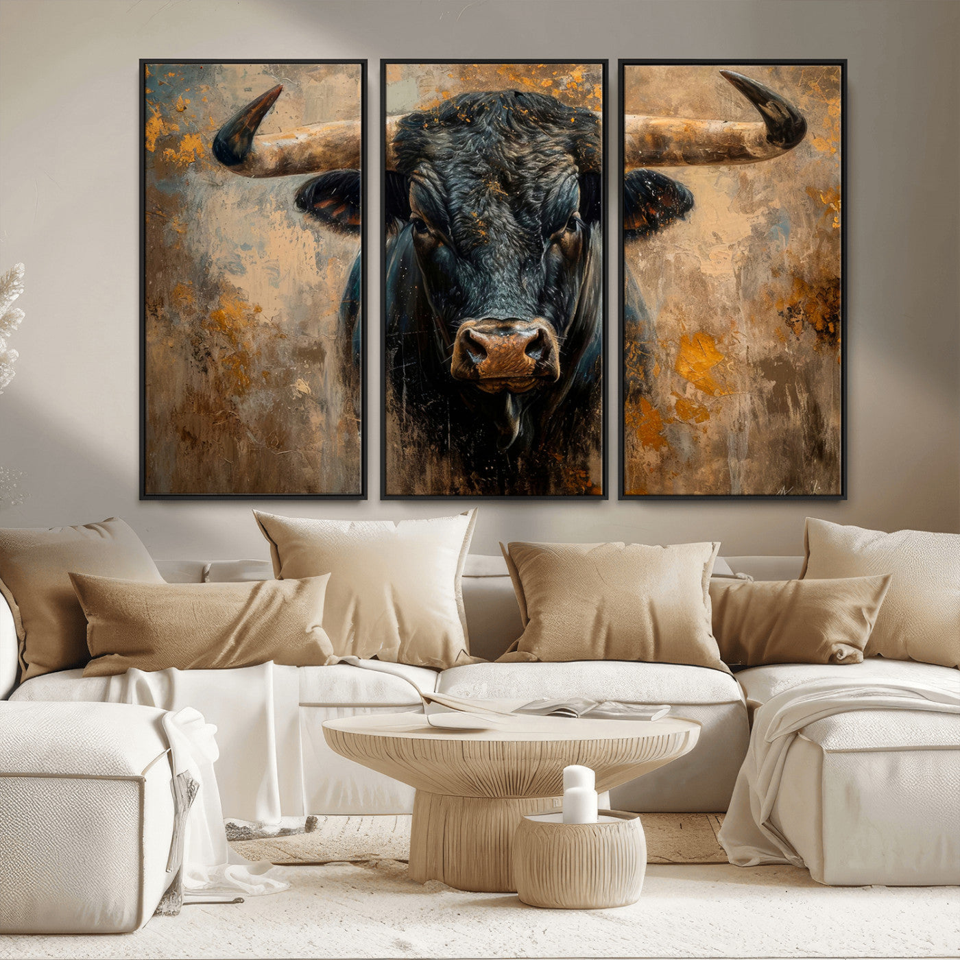 91615410-MGV-CV-36X24 - Abstract Texas Longhorn Bull Wall Art – Rustic Farmhouse Canvas Print, Western Cabin Style Decor, Large Animal Artwork for Living Room or Office