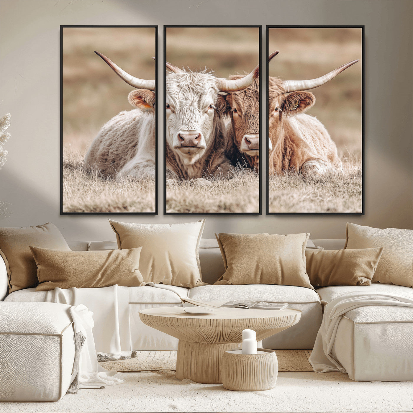 38651722-MGV-CV-36X24 - Highland Cows Meadow Canvas Wall Art – Peaceful Cow Photography Print, Rustic Farmhouse Animal Decor for Country Home, Living Room, Office