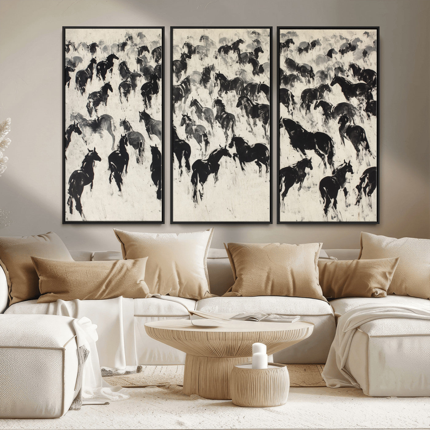 29265745-MGV-FC-48X32-3P_Black-Wild Horse Stampede Wall Art Canvas Print – Monochrome Running Horses Dynamic Motion Elegant Scene Artwork for Home, Office