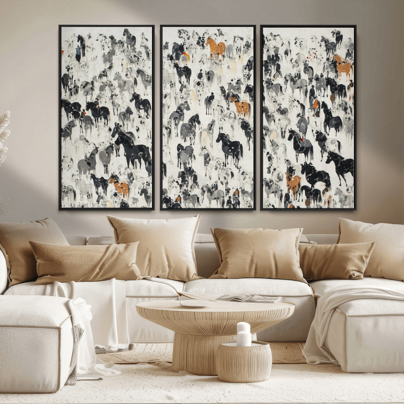 56463722-MGV-FC-48X32-3P_Black-Wild Horse Stampede Wall Art Canvas Print – Monochrome Running Horses Dynamic Motion Elegant Scene Artwork for Home, Office