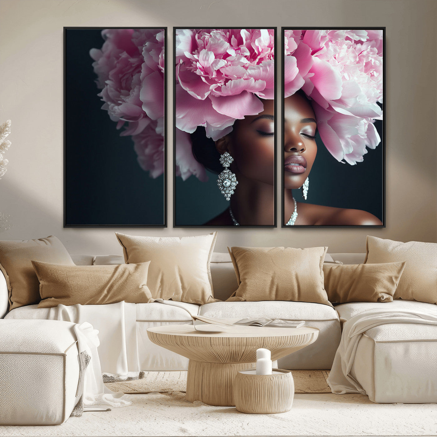 35482880-MGV-FC-48X32-3P_Black-Black Beauty Petal Crown Wall Art Canvas Print – Floral Petal Headpiece Elegant Design, Petal Inspired Artwork for Home, Office