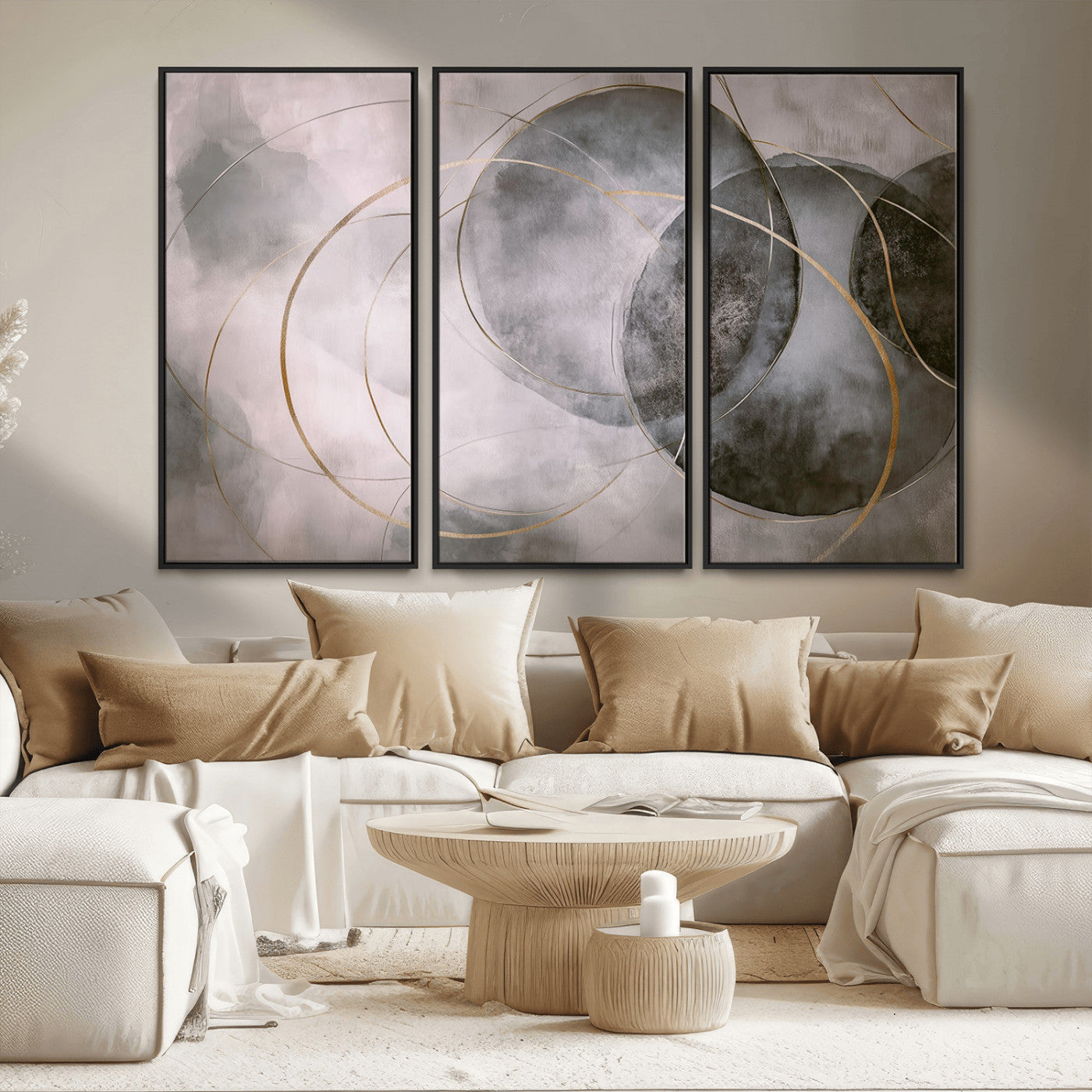 20066876-MGV-FC-48X32-3P_Black-Abstract Grey Gold Circle Wall Art – Modern Geometric Canvas Artwork, Minimal Elegant Design, Luxury Wall Decor for Home, Office