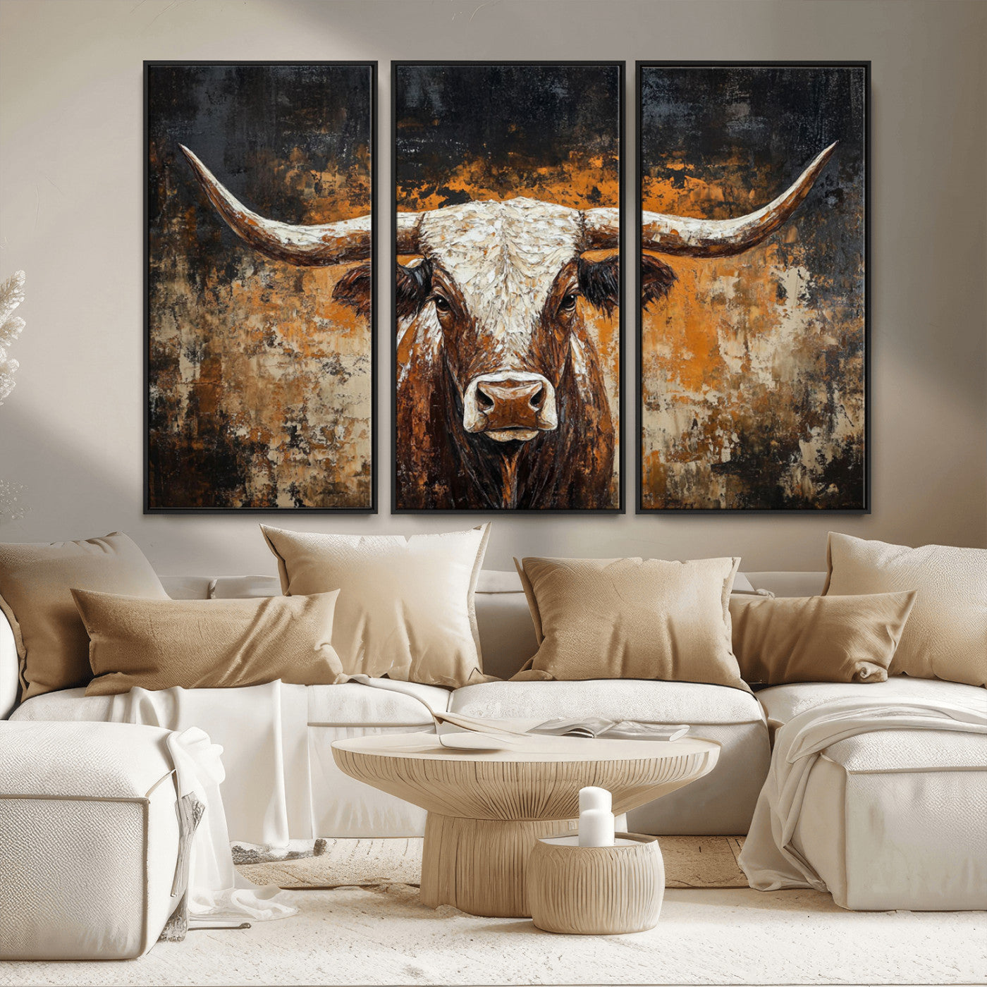 25265572-MGV-FC-48X32-3P_Black-Rustic Longhorn Bull Wall Art Canvas Print – Vintage Western Cattle Scene, Texas Steer Artwork for Home, Office