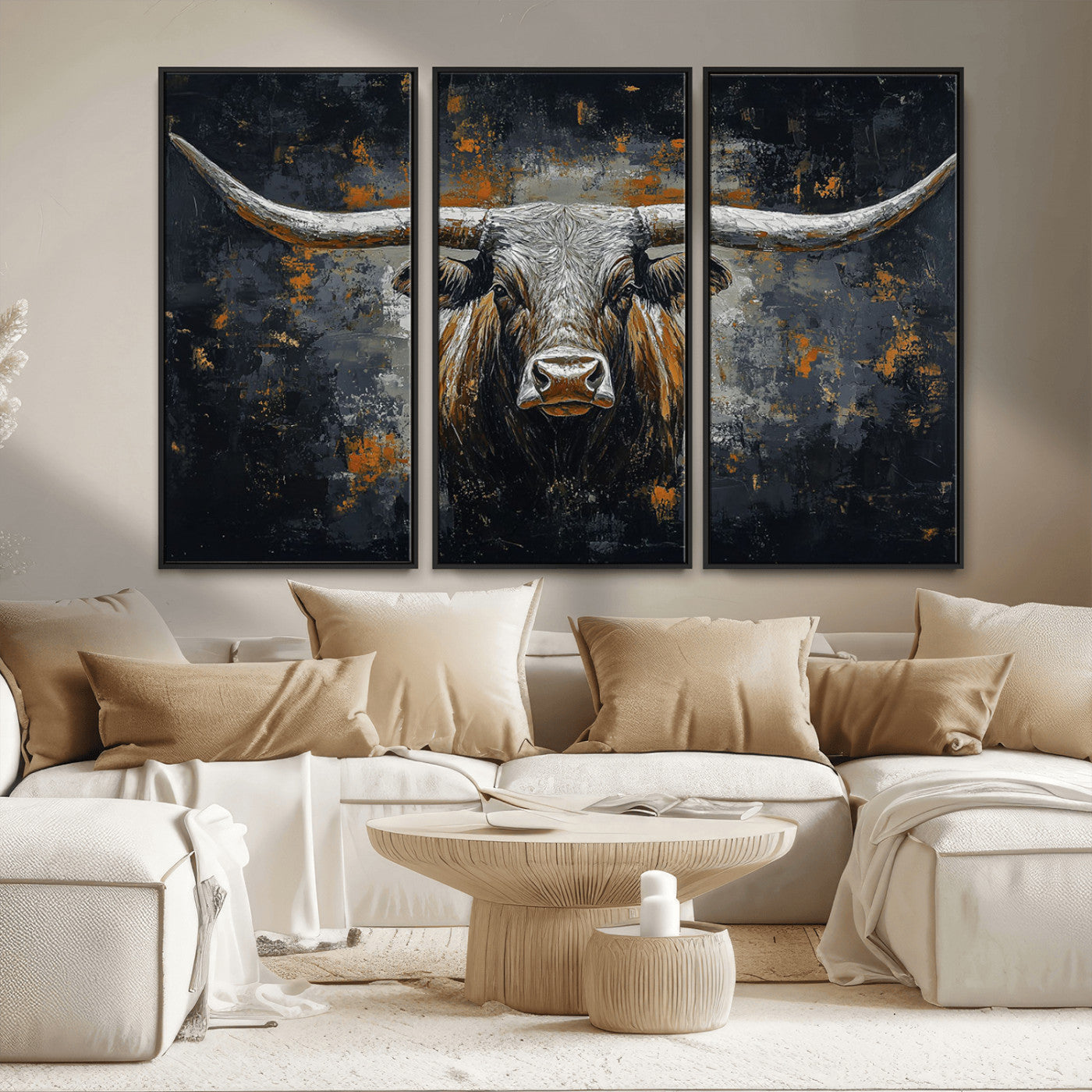 93195031-MGV-FC-48X32-3P_Black-Rustic Longhorn Bull Wall Art Canvas Print – Vintage Western Cattle Scene, Texas Steer Artwork for Home, Office
