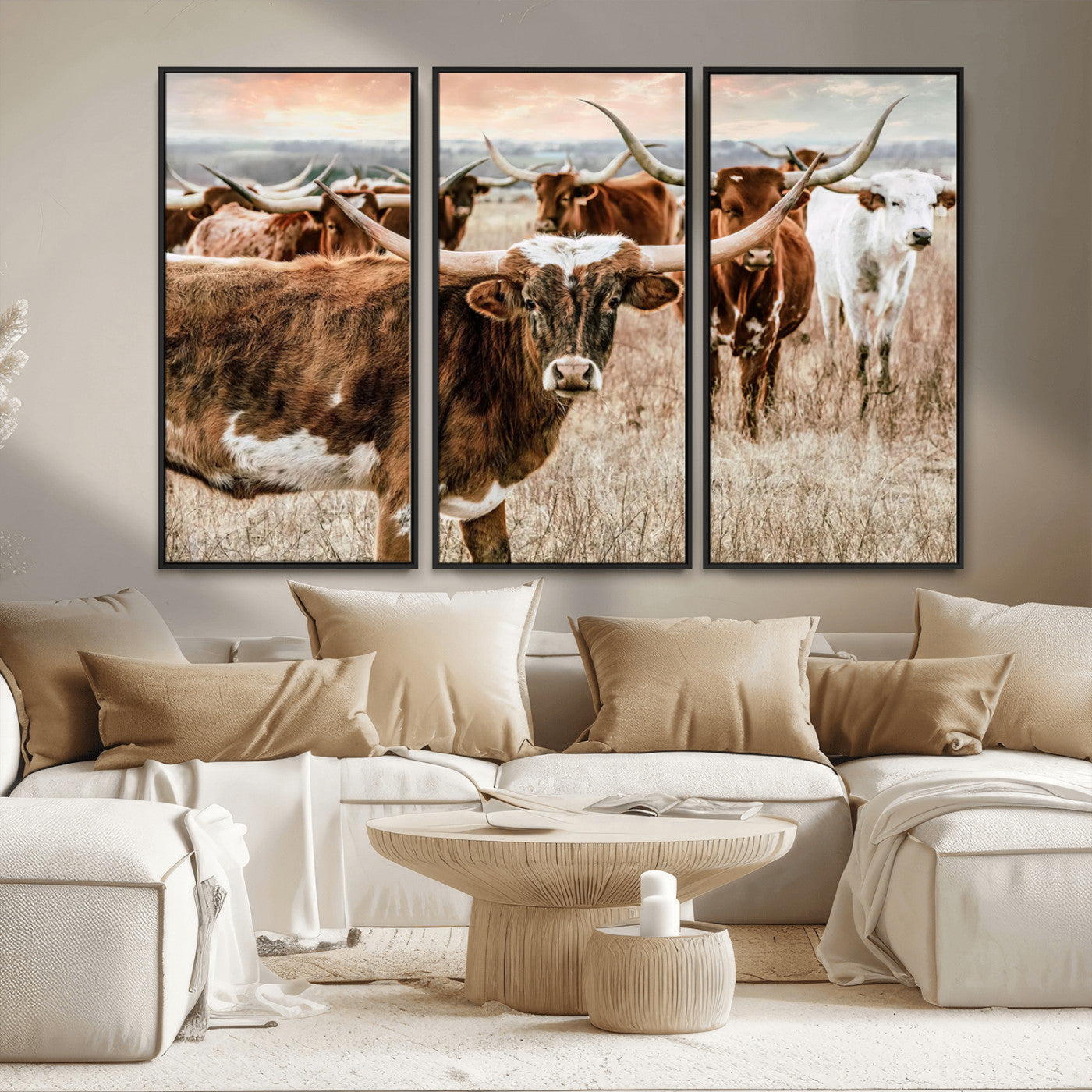 47758300-MGV-FC-48X32-3P_Black-Texas Longhorn Cattle Wall Art Canvas Print – Rustic Western Ranch Scene with Steers Sunset for Home, Office
