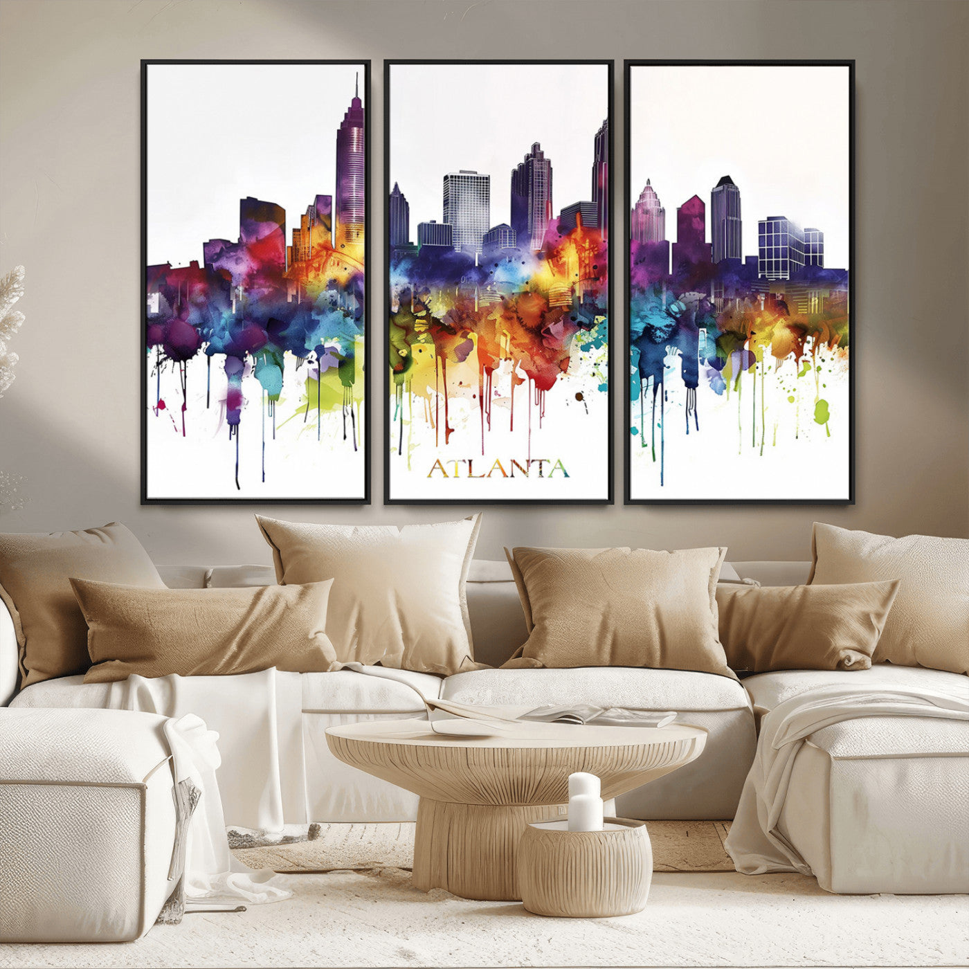 36048320-MGV-CV-36X24-Atlanta Skyline Wall Art Canvas Print – Framed Colorful Watercolor Cityscape Abstract Urban Artwork for Home, Office