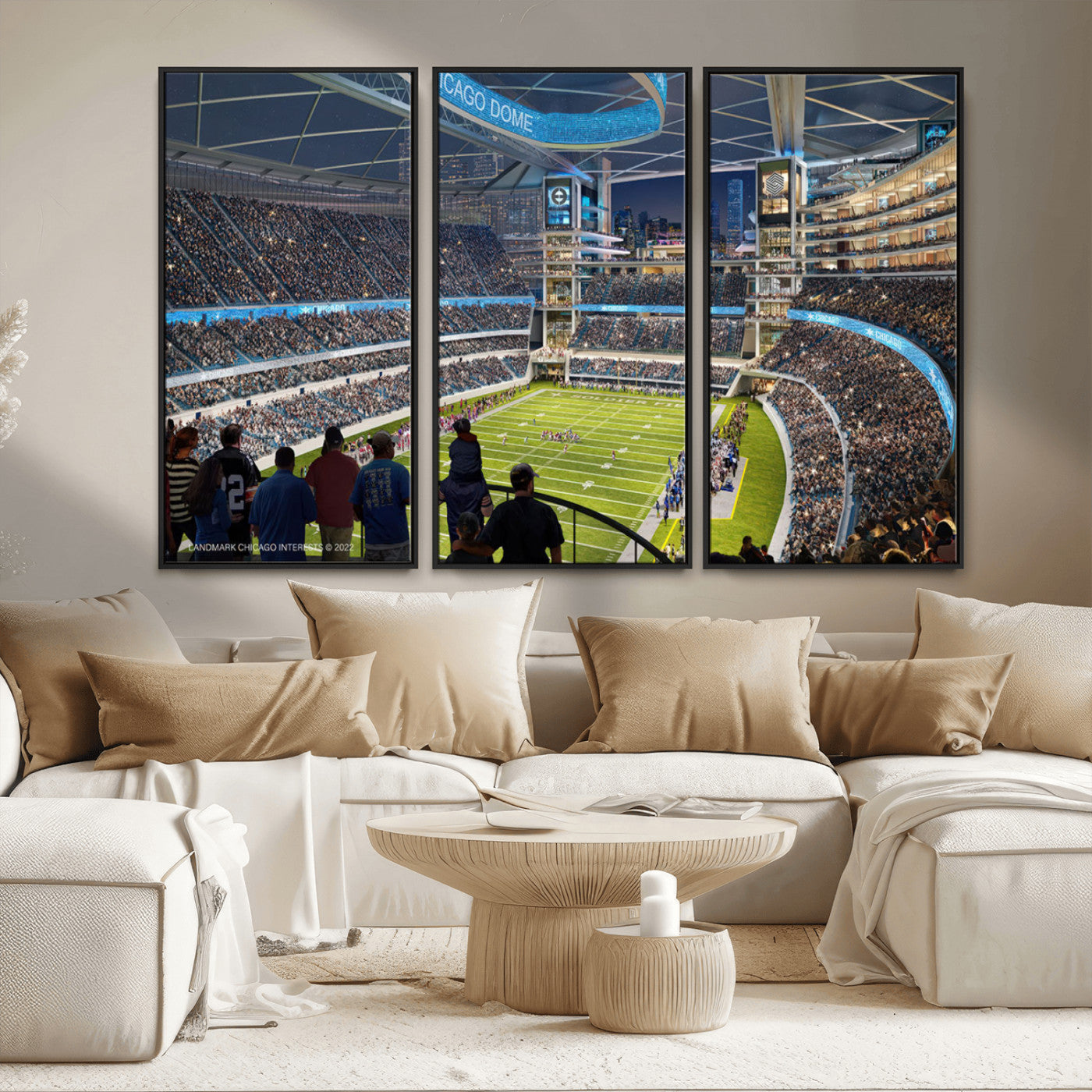 41816511-MGV-FC-48X32-3P_Black-Chicago Dome Stadium Wall Art Canvas Print – Framed Modern Football Arena City Skyline Artwork for Home, Office