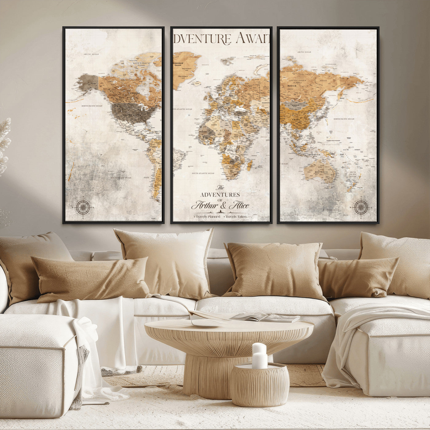 Rehber01-MGV-CV-36X24-Personalized World Map Canvas Print – Custom Push Pin Travel Map Vintage Neutral Style Gift for Couples Travelers for Home Office