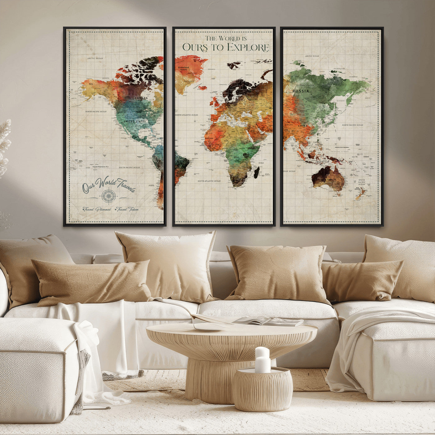 Rehber01-MGV-CV-36X24-Custom Push Pin World Map Wall Art Canvas Print – Personalized Travel Tracker Map Framed Artwork for Home Office