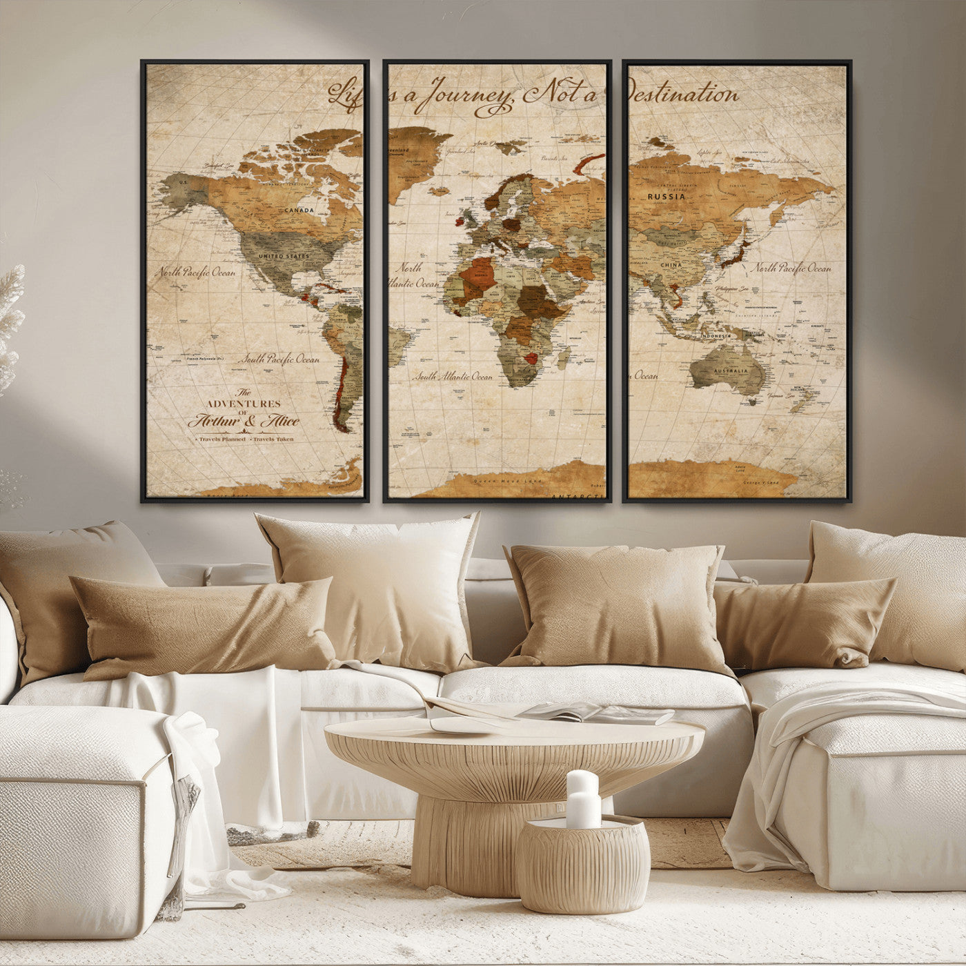Rehber01-MGV-CV-36X24-Personalized Vintage World Map Canvas – Custom Framed Push Pin Travel Map Wall Art, Rustic Gift for Couples and Travel Lovers