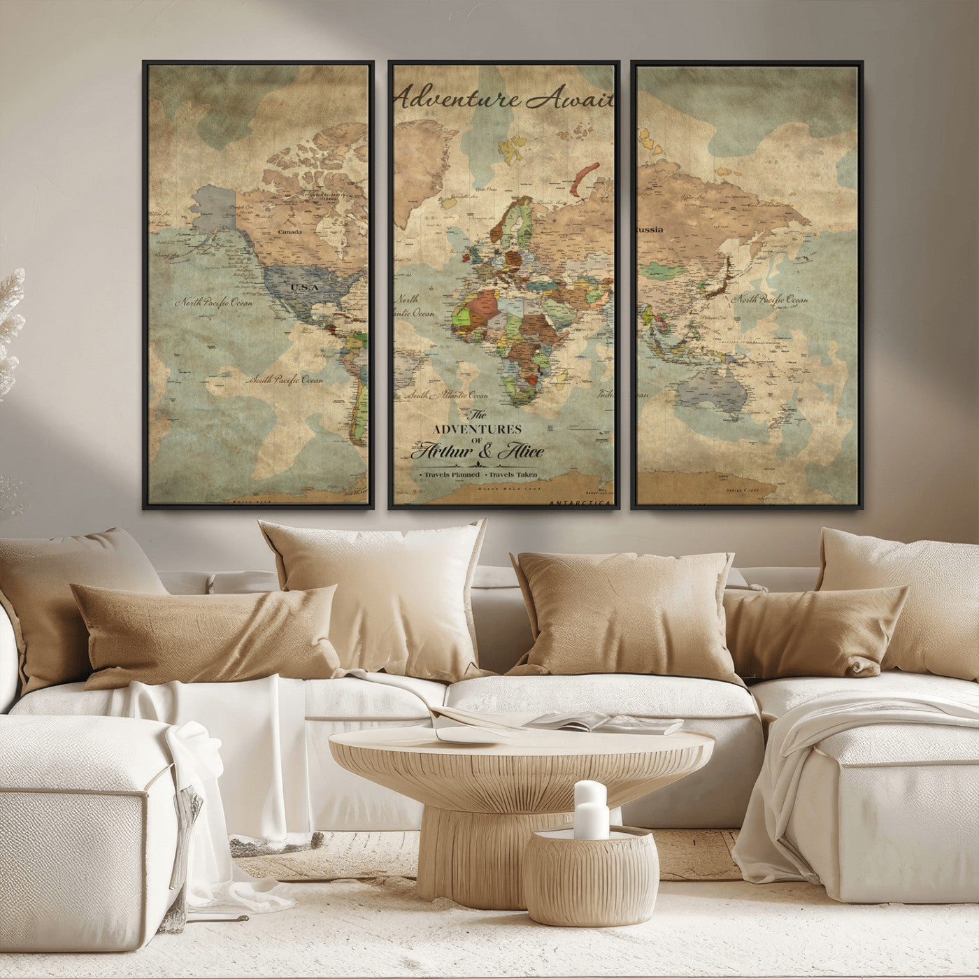 Rehber01-MGV-CV-36X24-Personalized Vintage World Map Canvas Print – Custom Push Pin Travel Map Antique Style Gift for Couples Travelers for Home Office
