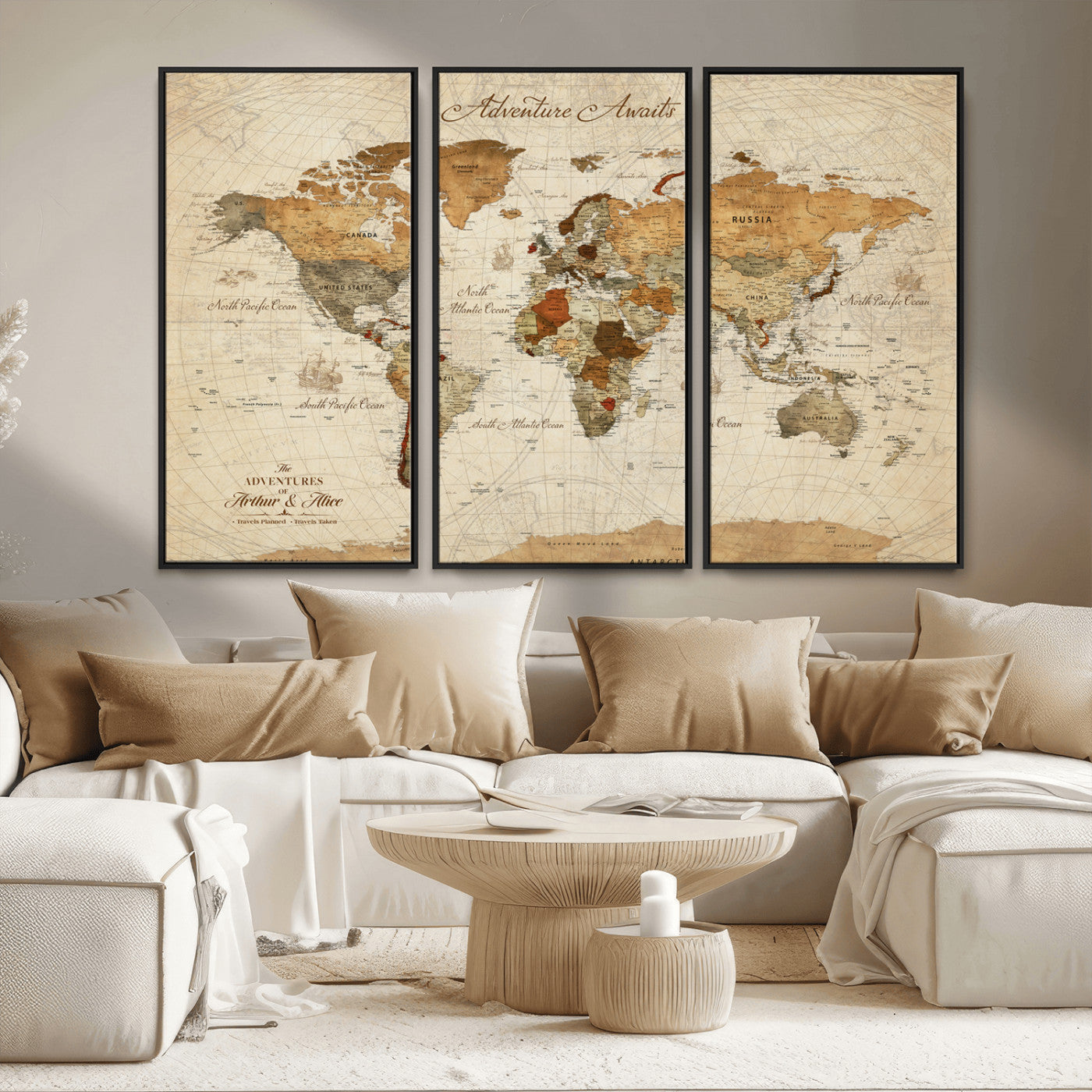 Rehber01-MGV-CV-36X24-Customizable Framed World Map Canvas Print – Personalized Push Pin Travel Map Gift for Couples Explorers for Home, Office