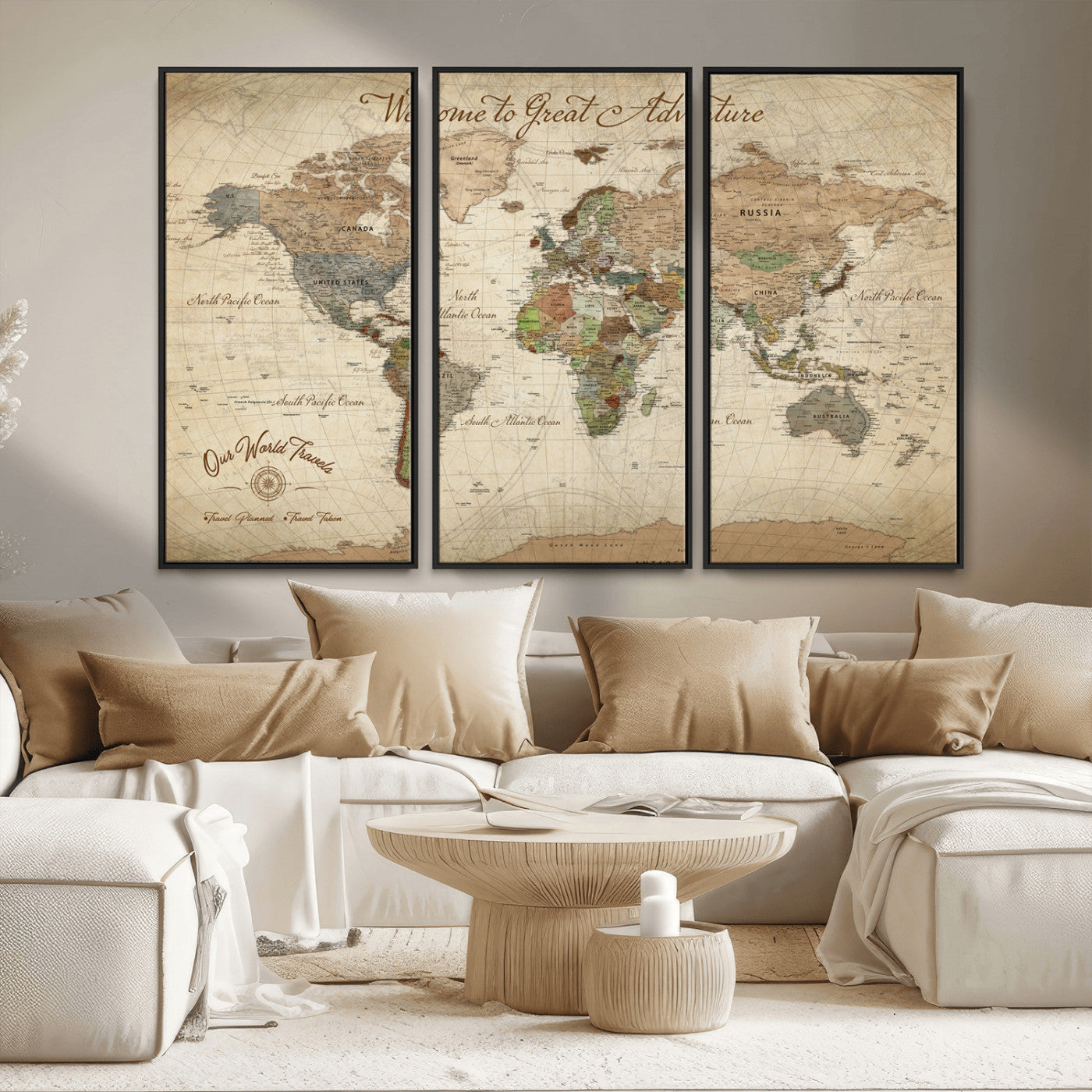 -Personalized Antique World Map Canvas Print – Custom Push Pin Travel Tracker Vintage Adventure Gift for Couples for Home, Office