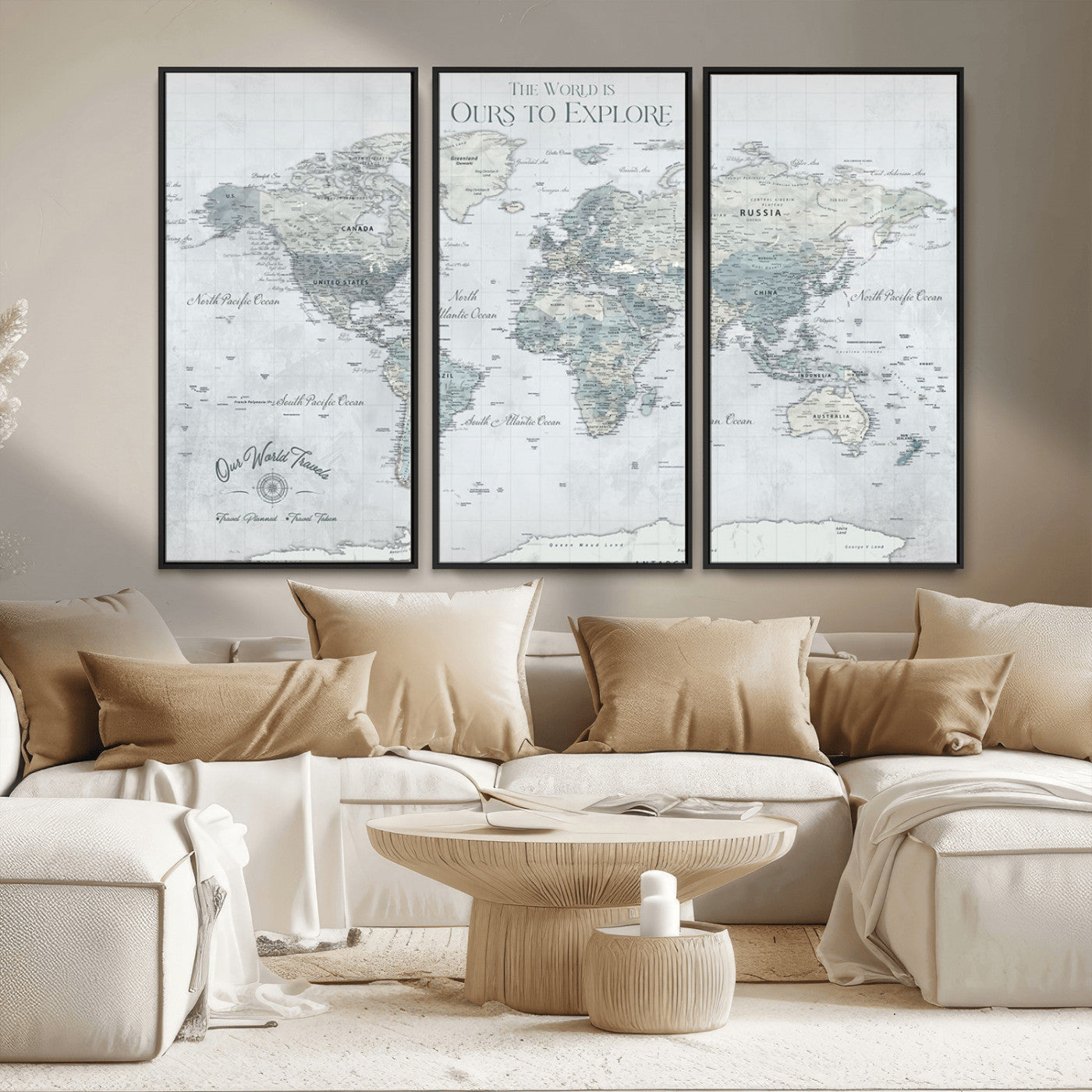 73654056-MGV-FC-48X32-3P - Personalized Push Pin World Map Canvas Print – Custom Framed Travel Tracker Artwork for Couples or Home Decor