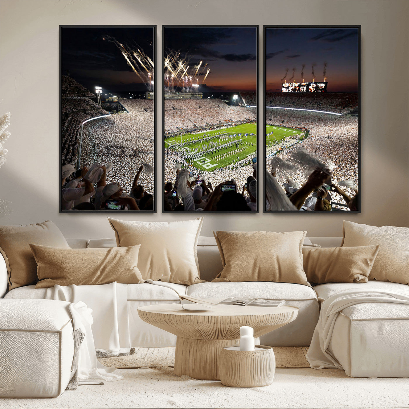 11221988-MGV-FC-48X32-3P - Epic Night Football Stadium Wall Art Canvas Print, Fireworks and Crowd Energy Game Day Excitement Decor for Home, Office