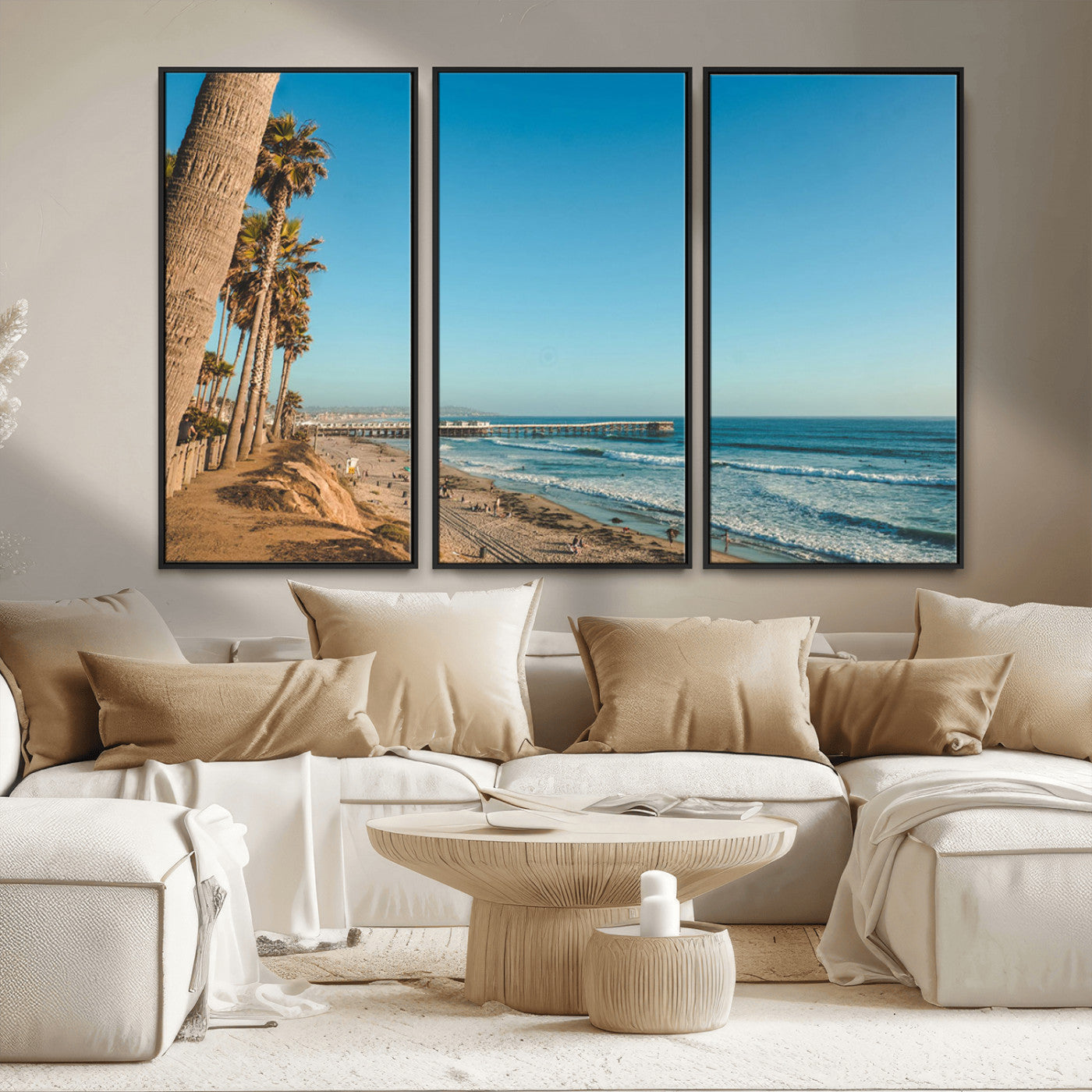 92568259-MGV-CV-36X24-Scenic Beach Wall Art Canvas Print – Tall Palm Trees, Sandy Shore, Long Pier Stretching into Calm Ocean Artwork for Home, Office